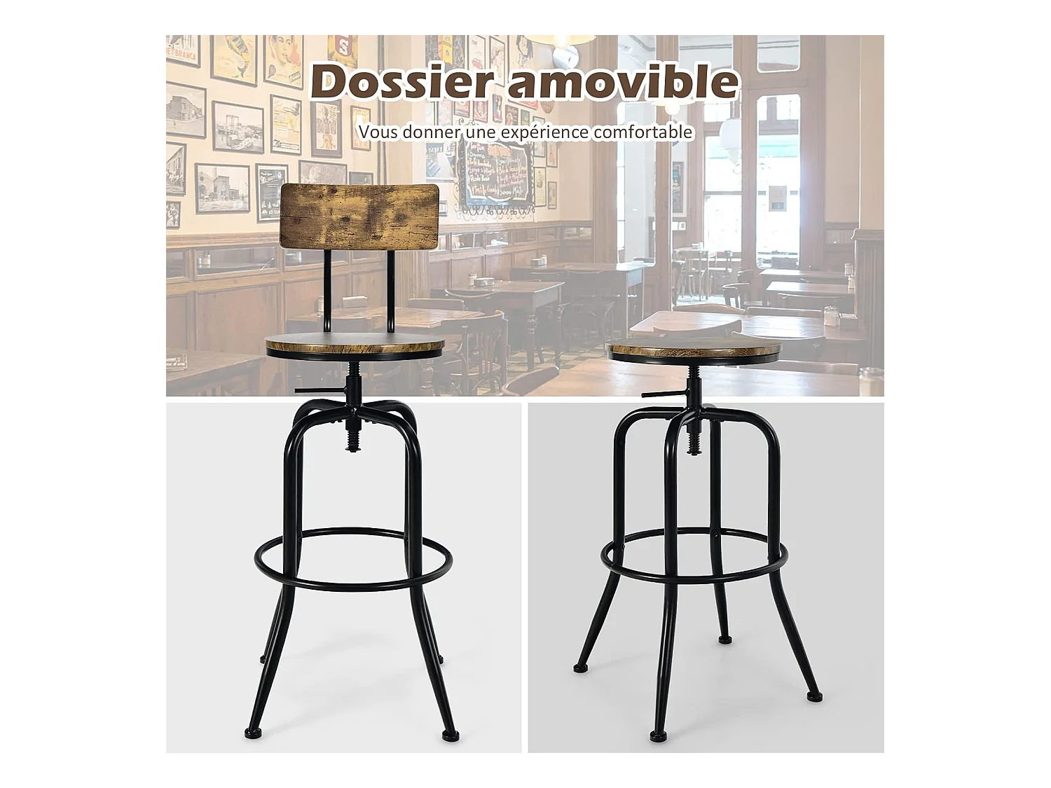 Lot de 2 Tabourets de Bar, Hauteur Réglable de 69 à 76 CM, Chaise Haute Bar avec Dossier Détachable et Repose-Pieds, Cadre en Métal, Chaise de Bar Industrielle
