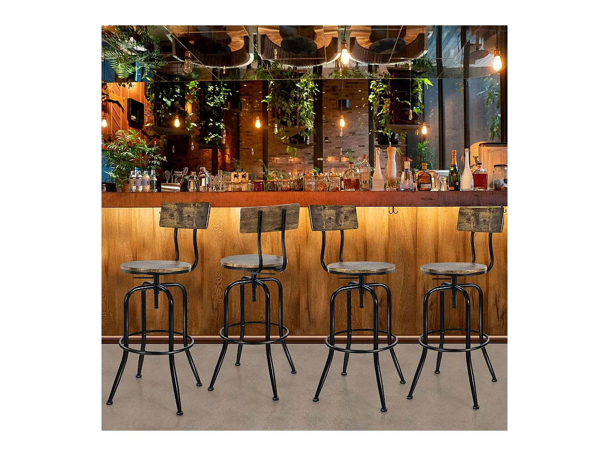 Lot de 2 Tabourets de Bar, Hauteur Réglable de 69 à 76 CM, Chaise Haute Bar avec Dossier Détachable et Repose-Pieds, Cadre en Métal, Chaise de Bar Industrielle