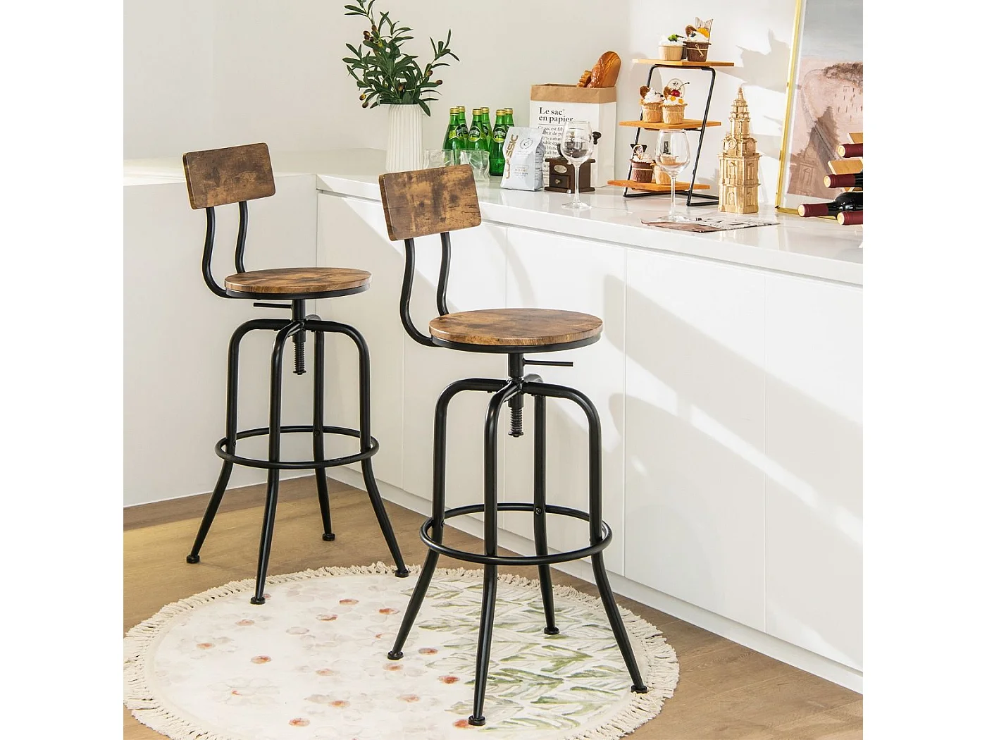 Lot de 2 Tabourets de Bar, Hauteur Réglable de 69 à 76 CM, Chaise Haute Bar avec Dossier Détachable et Repose-Pieds, Cadre en Métal, Chaise de Bar Industrielle