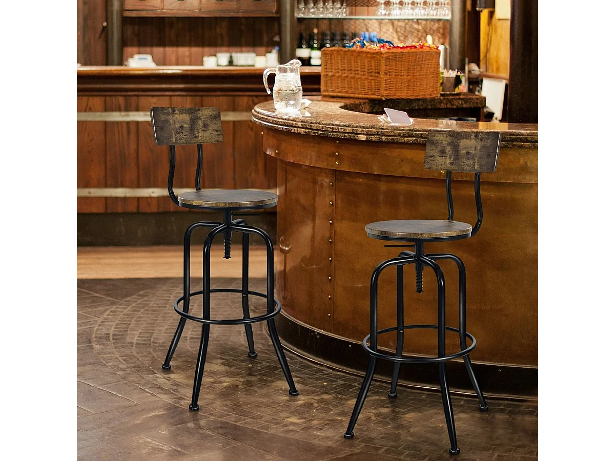Lot de 2 Tabourets de Bar, Hauteur Réglable de 69 à 76 CM, Chaise Haute Bar avec Dossier Détachable et Repose-Pieds, Cadre en Métal, Chaise de Bar Industrielle