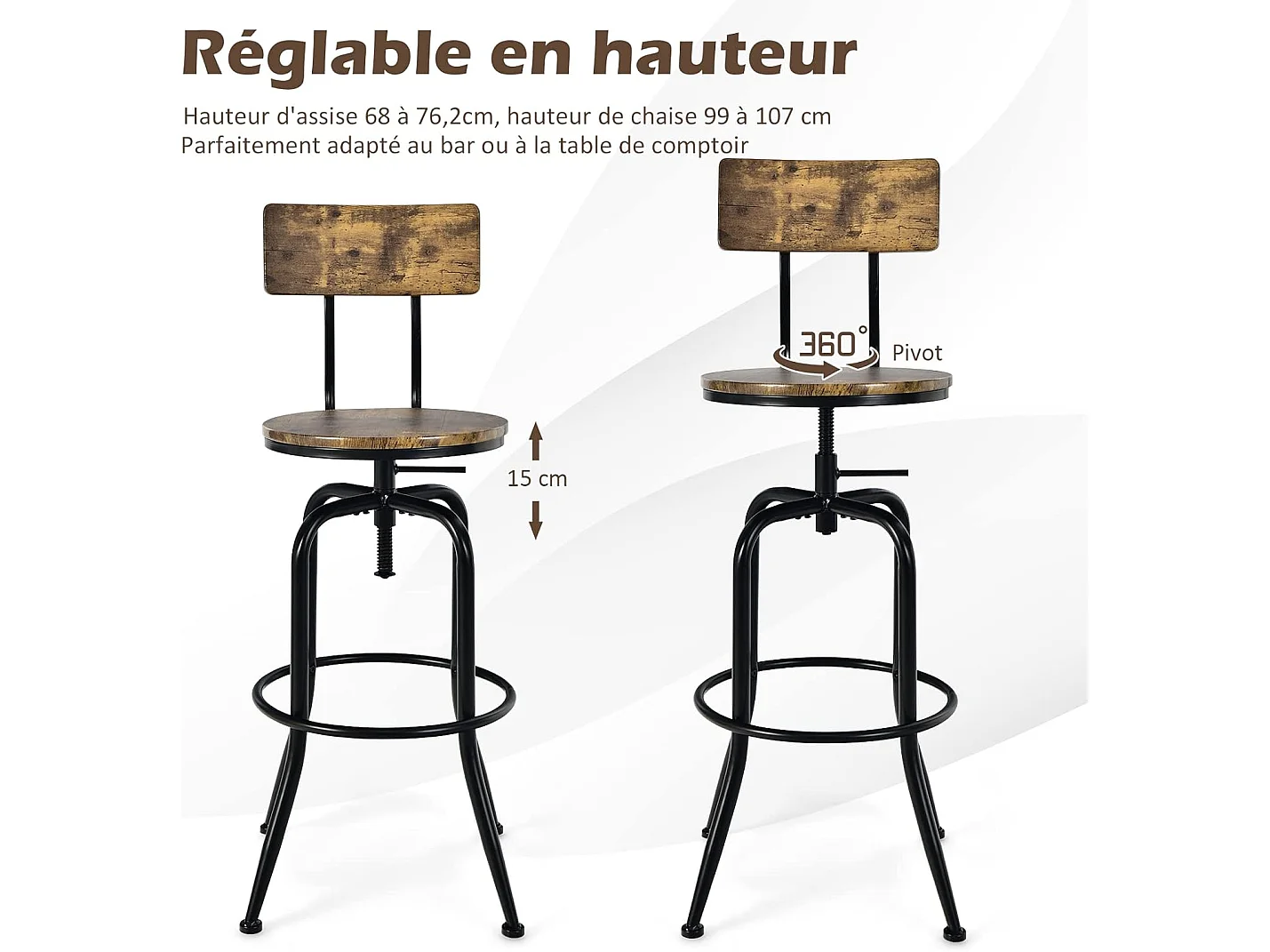 Lot de 2 Tabourets de Bar, Hauteur Réglable de 69 à 76 CM, Chaise Haute Bar avec Dossier Détachable et Repose-Pieds, Cadre en Métal, Chaise de Bar Industrielle