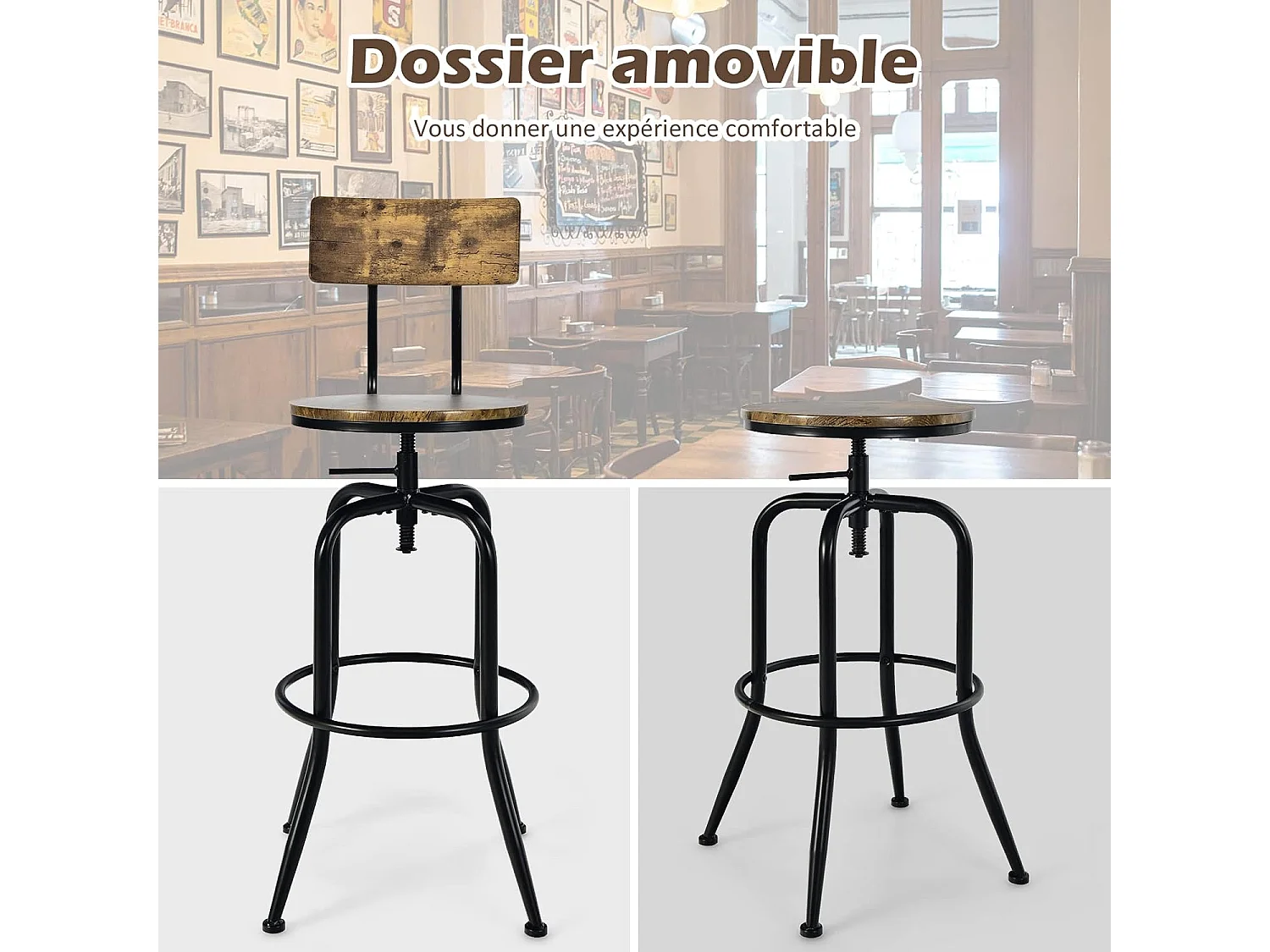 Lot de 2 Tabourets de Bar, Hauteur Réglable de 69 à 76 CM, Chaise Haute Bar avec Dossier Détachable et Repose-Pieds, Cadre en Métal, Chaise de Bar Industrielle