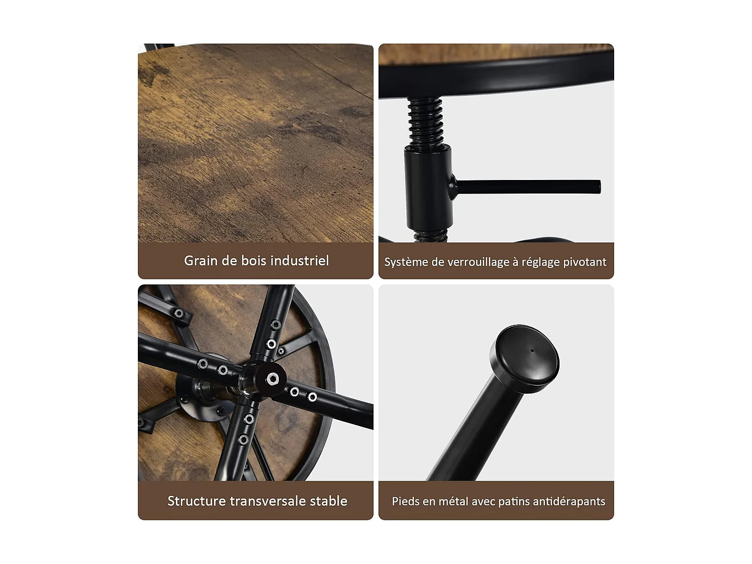 Lot de 2 Tabourets de Bar, Hauteur Réglable de 69 à 76 CM, Chaise Haute Bar avec Dossier Détachable et Repose-Pieds, Cadre en Métal, Chaise de Bar Industrielle