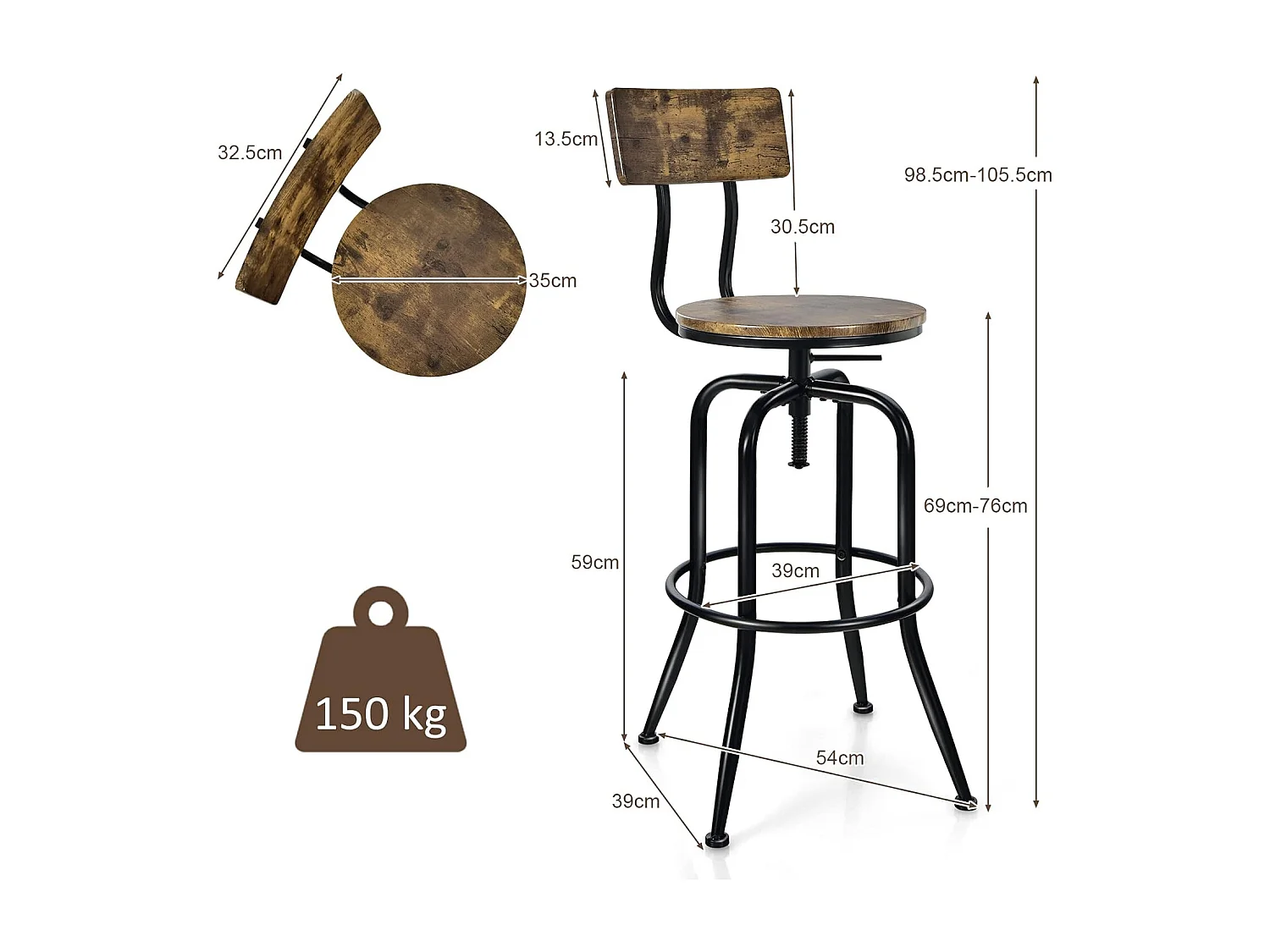 Lot de 2 Tabourets de Bar, Hauteur Réglable de 69 à 76 CM, Chaise Haute Bar avec Dossier Détachable et Repose-Pieds, Cadre en Métal, Chaise de Bar Industrielle