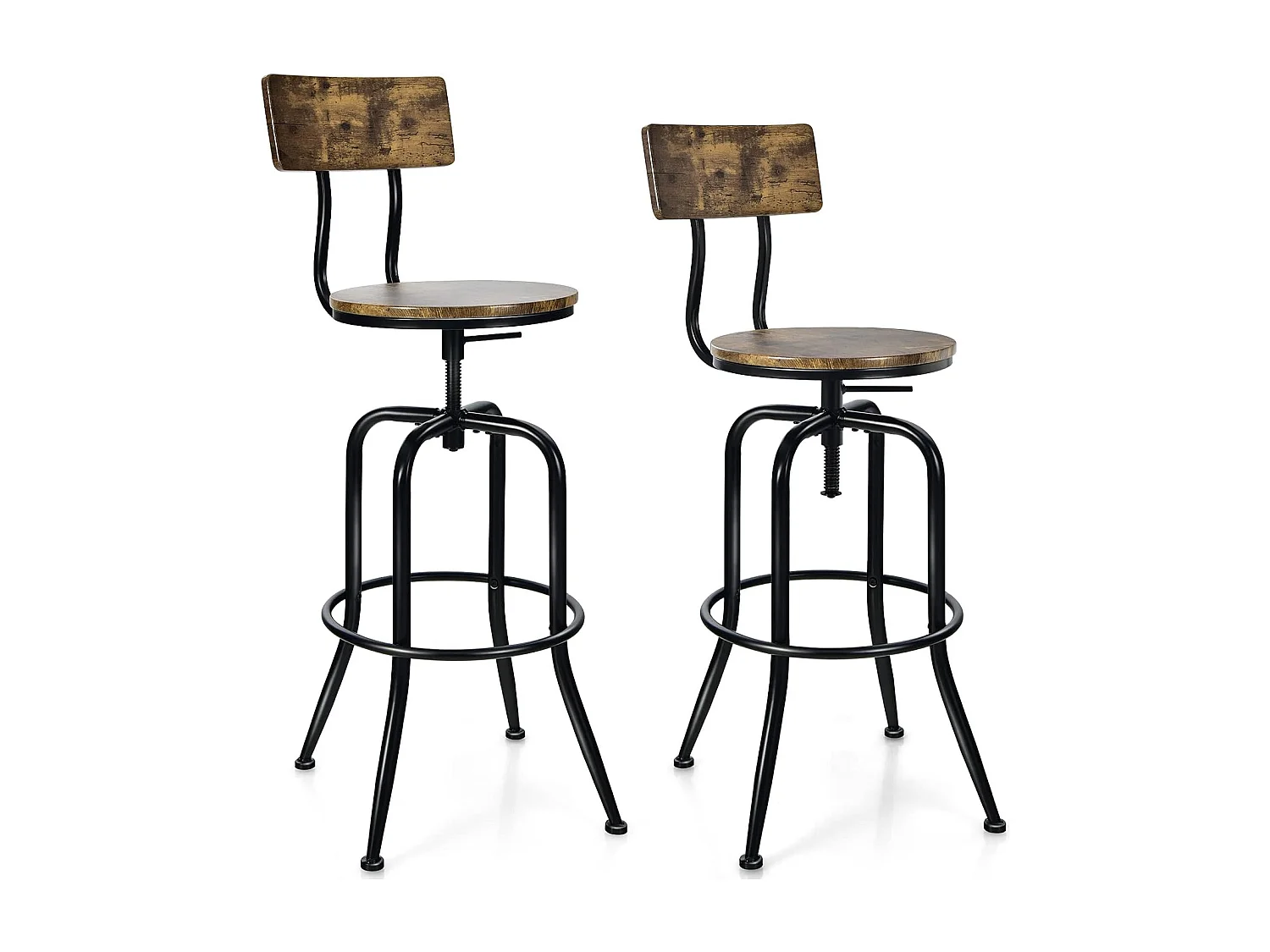Lot de 2 Tabourets de Bar, Hauteur Réglable de 69 à 76 CM, Chaise Haute Bar avec Dossier Détachable et Repose-Pieds, Cadre en Métal, Chaise de Bar Industrielle