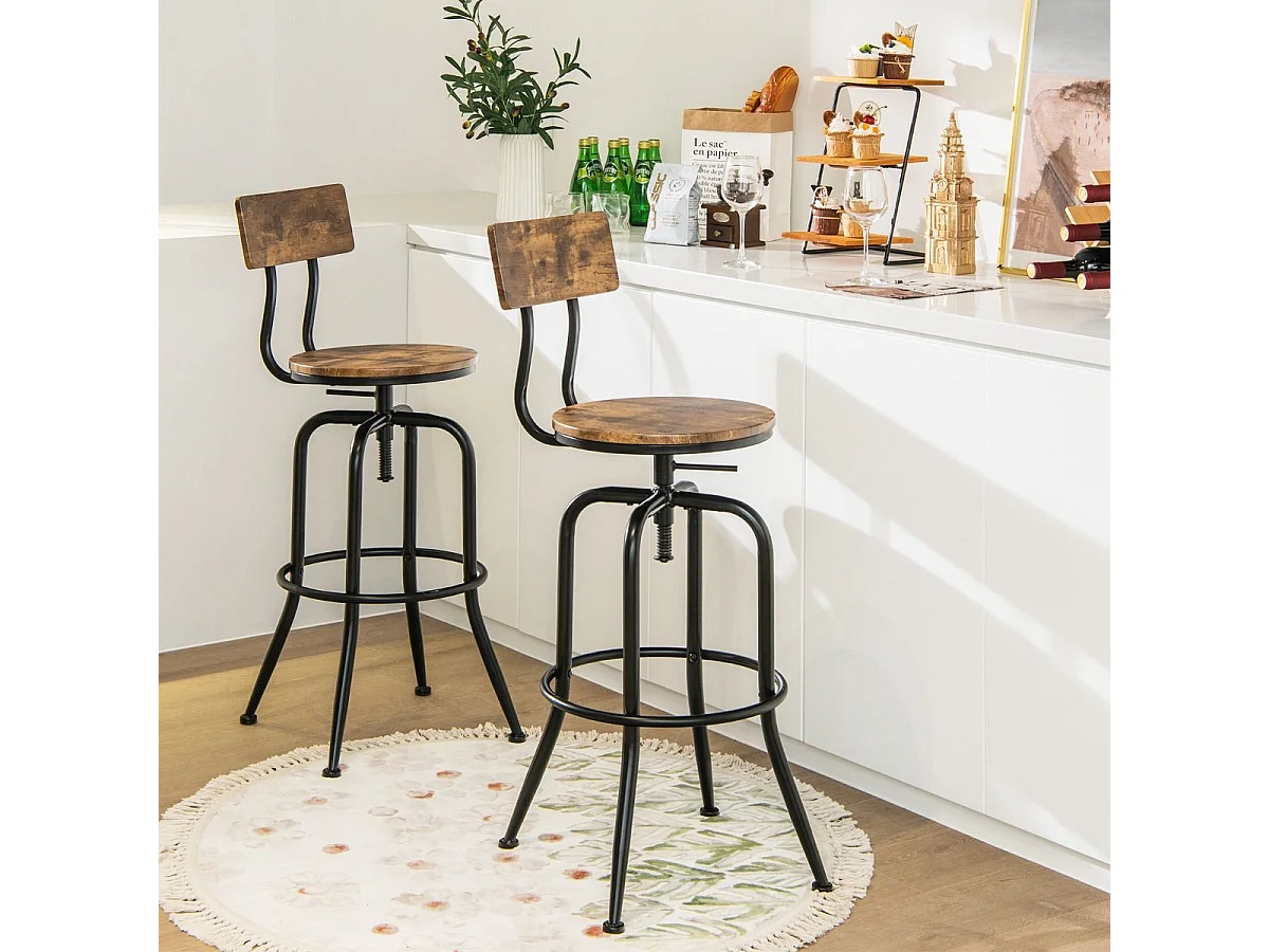 Lot de 2 Tabourets de Bar, Hauteur Réglable de 69 à 76 CM, Chaise Haute Bar avec Dossier Détachable et Repose-Pieds, Cadre en Métal, Chaise de Bar Industrielle