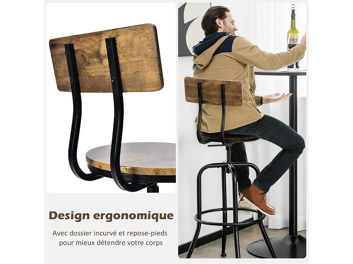 Lot de 2 Tabourets de Bar, Hauteur Réglable de 69 à 76 CM, Chaise Haute Bar avec Dossier Détachable et Repose-Pieds, Cadre en Métal, Chaise de Bar Industrielle