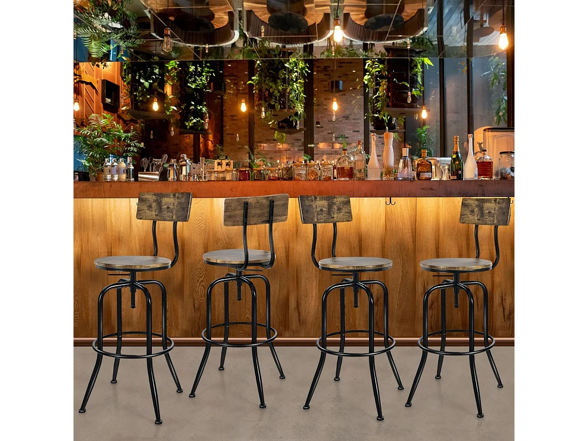 Lot de 2 Tabourets de Bar, Hauteur Réglable de 69 à 76 CM, Chaise Haute Bar avec Dossier Détachable et Repose-Pieds, Cadre en Métal, Chaise de Bar Industrielle