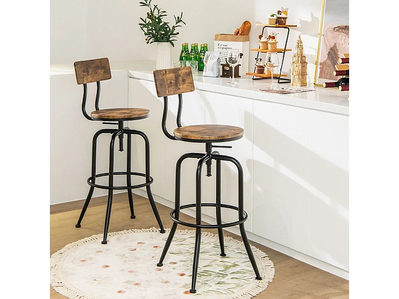 Lot de 2 Tabourets de Bar, Hauteur Réglable de 69 à 76 CM, Chaise Haute Bar avec Dossier Détachable et Repose-Pieds, Cadre en Métal, Chaise de Bar Industrielle