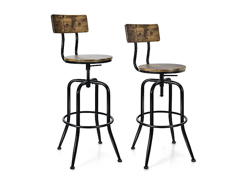 Lot de 2 Tabourets de Bar, Hauteur Réglable de 69 à 76 CM, Chaise Haute Bar avec Dossier Détachable et Repose-Pieds, Cadre en Métal, Chaise de Bar Industrielle