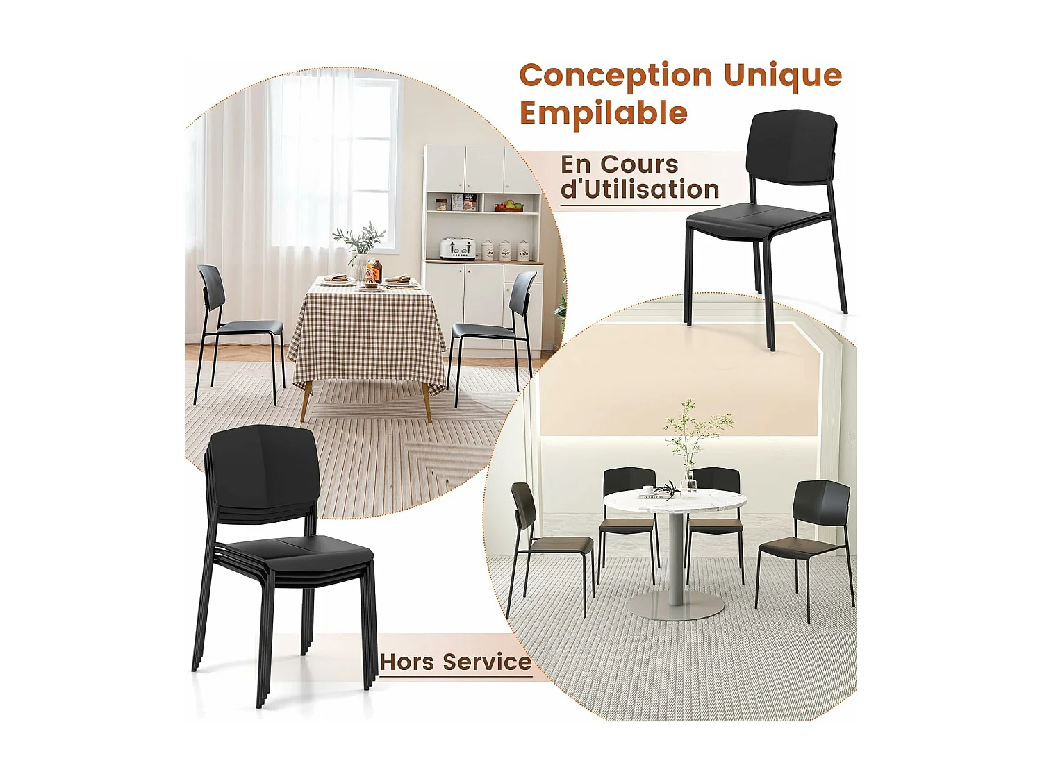Chaise salle a manger lot de 4, chaise empilables, hauteur d'assise 46 cm, (noir)