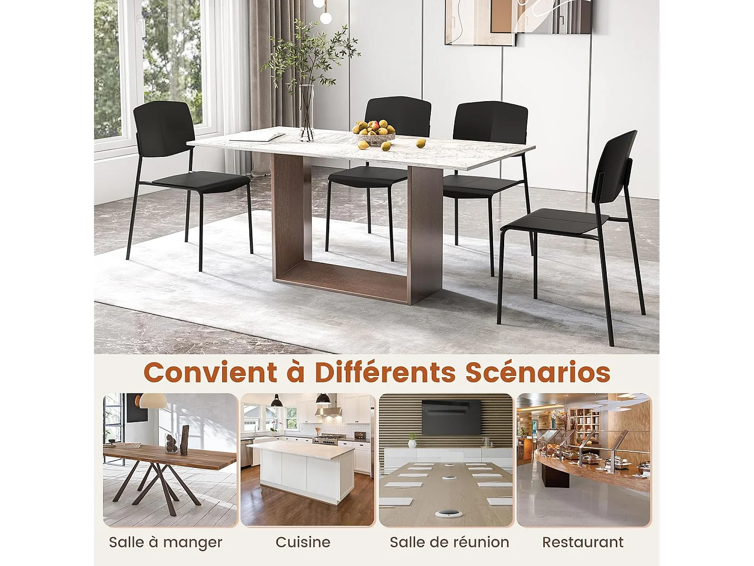 Chaise salle a manger lot de 4, chaise empilables, hauteur d'assise 46 cm, (noir)