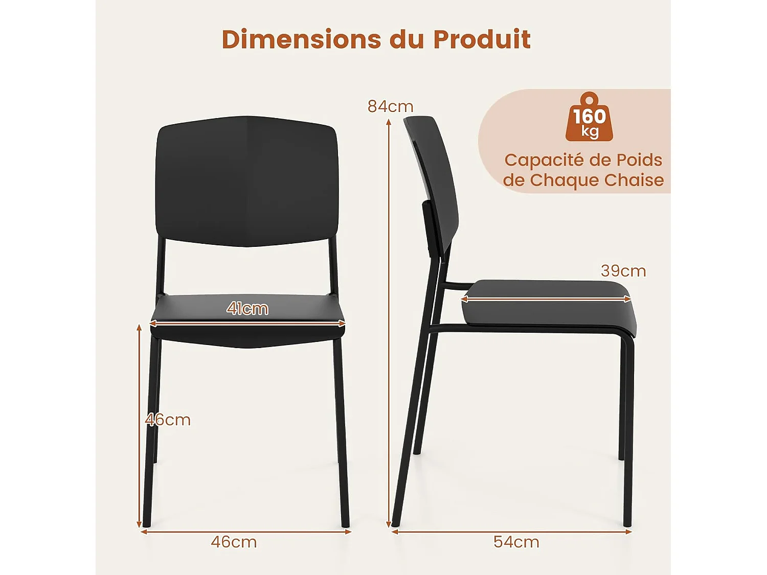 Chaise salle a manger lot de 4, chaise empilables, hauteur d'assise 46 cm, (noir)