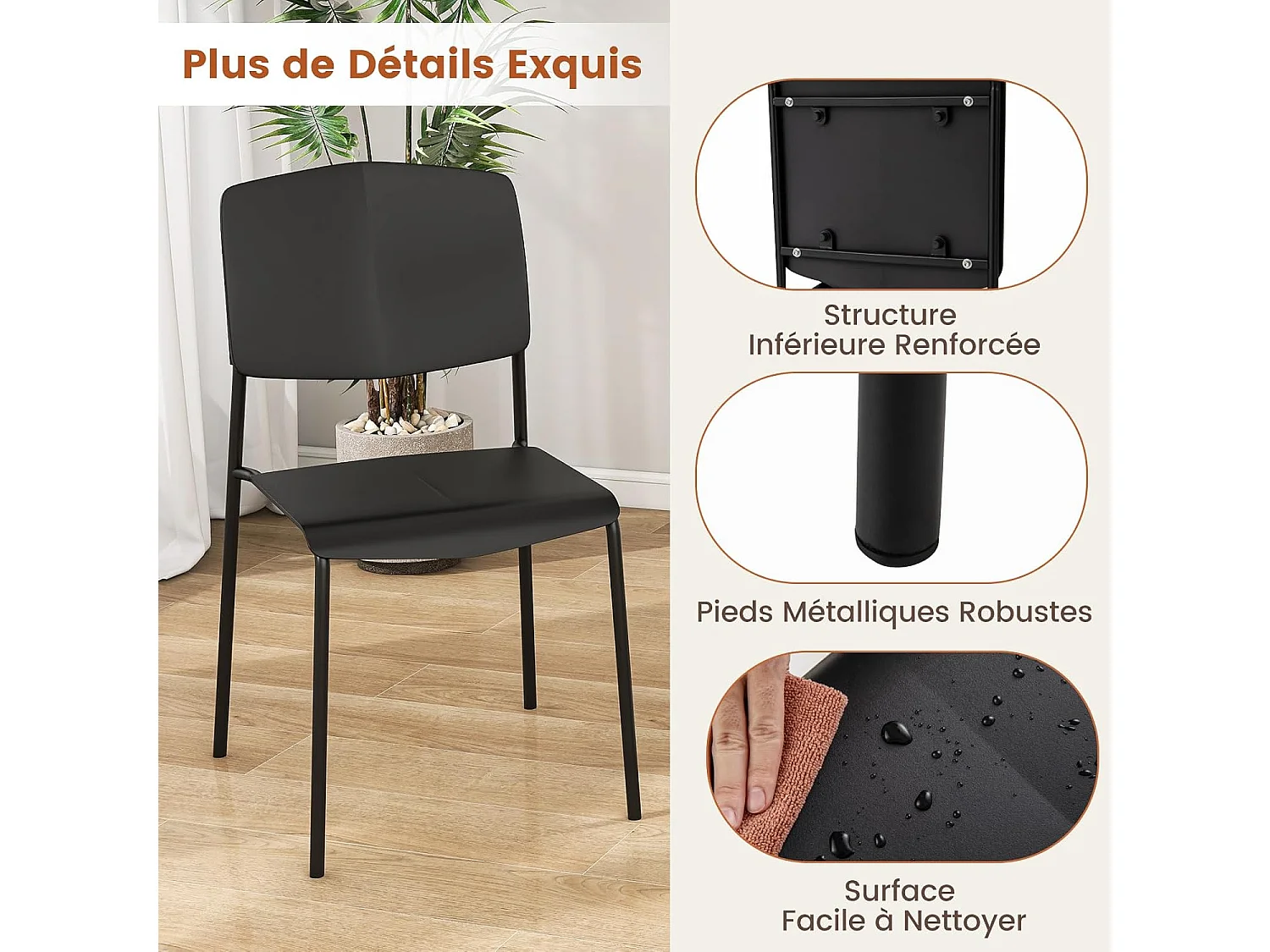 Chaise salle a manger lot de 4, chaise empilables, hauteur d'assise 46 cm, (noir)