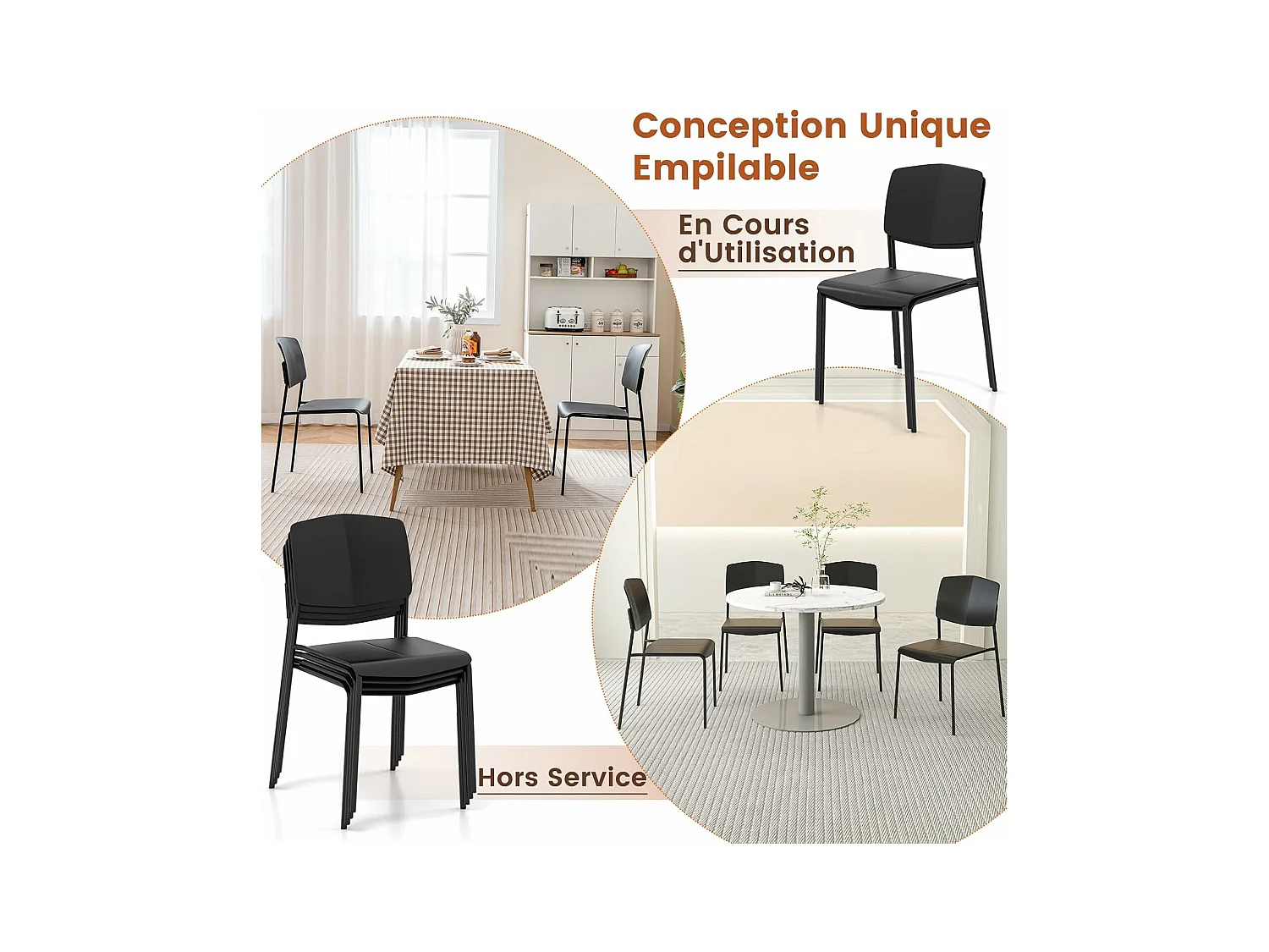 Chaise salle a manger lot de 4, chaise empilables, hauteur d'assise 46 cm, (noir)