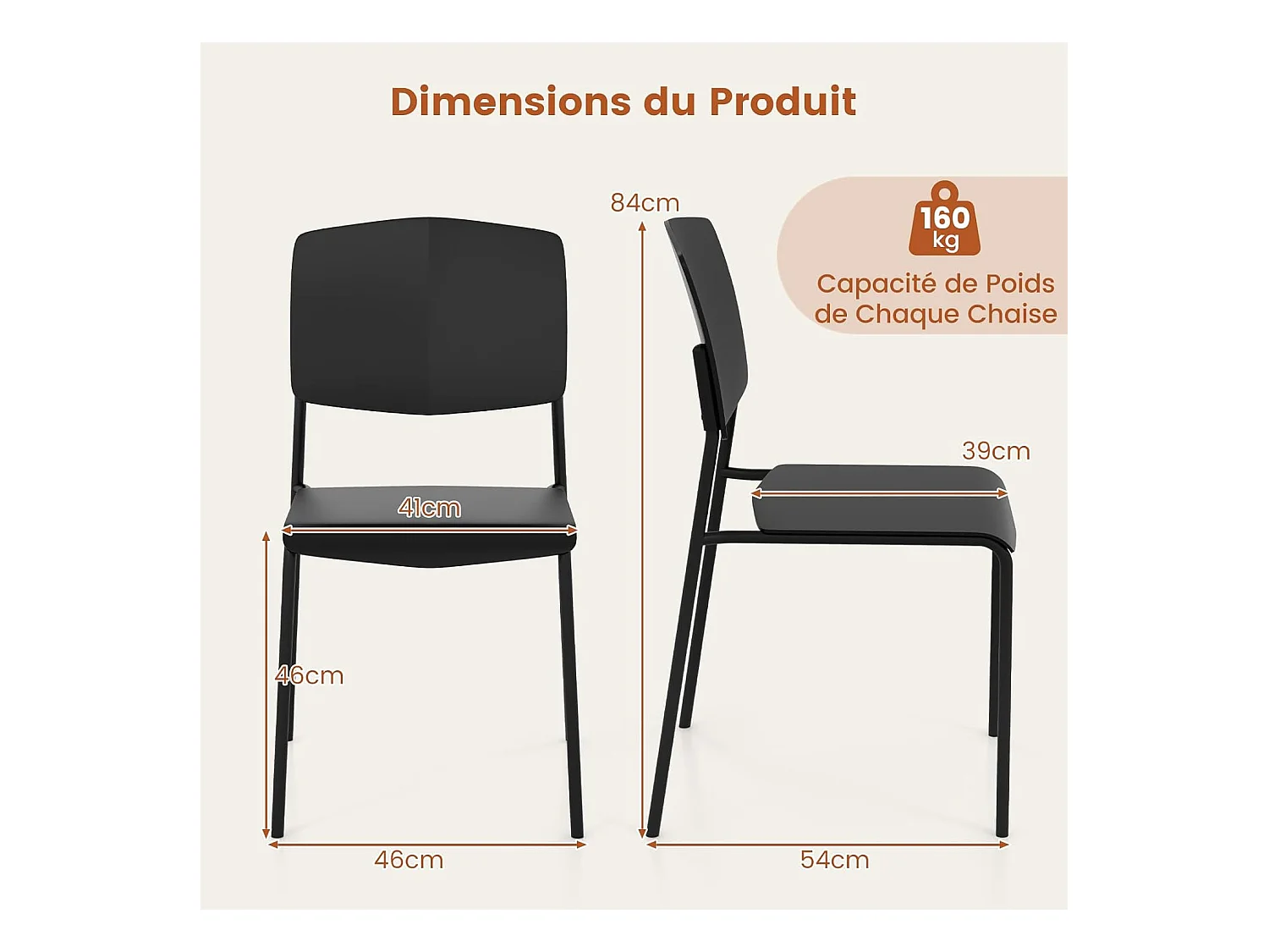Chaise salle a manger lot de 4, chaise empilables, hauteur d'assise 46 cm, (noir)