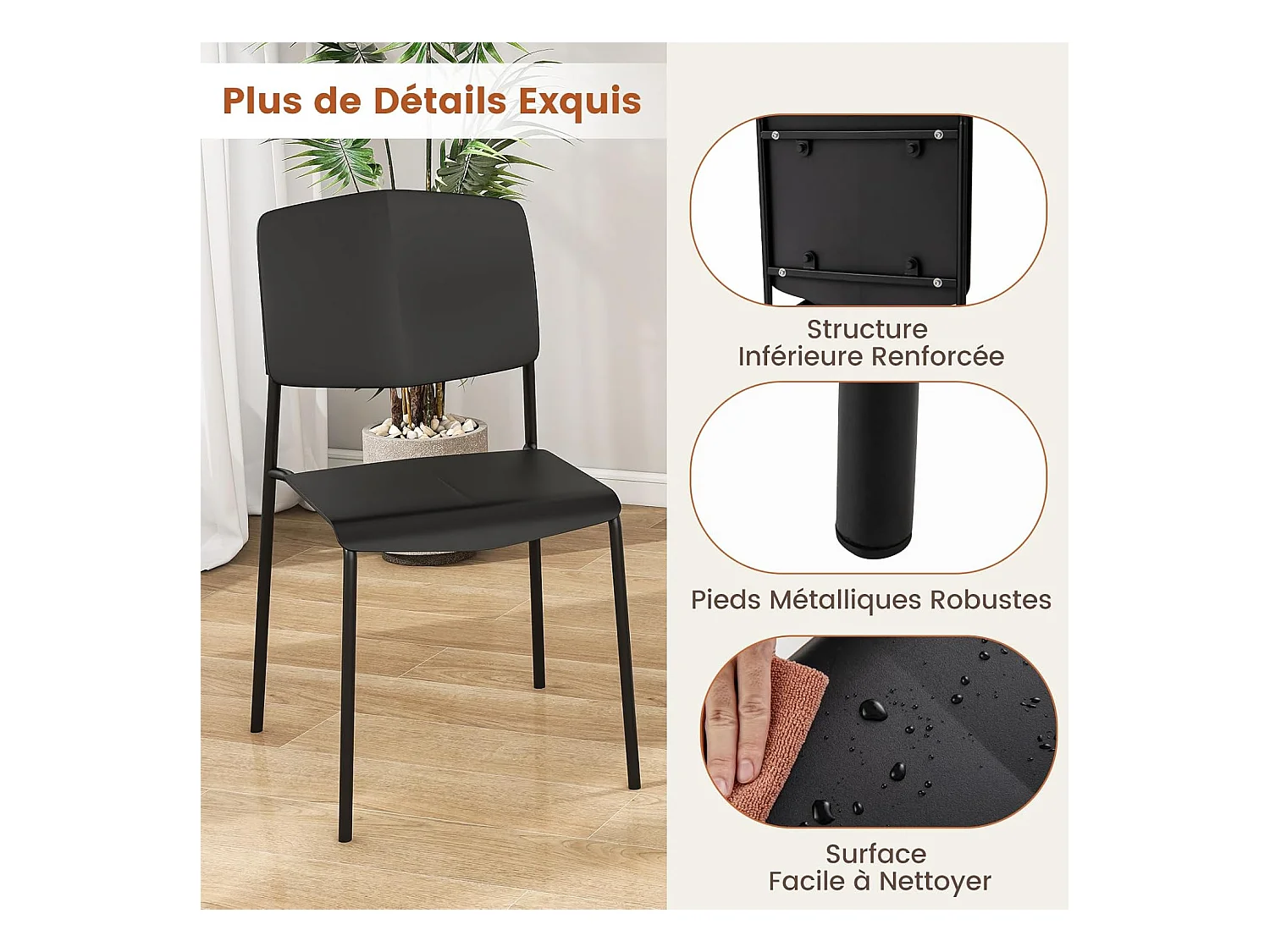 Chaise salle a manger lot de 4, chaise empilables, hauteur d'assise 46 cm, (noir)