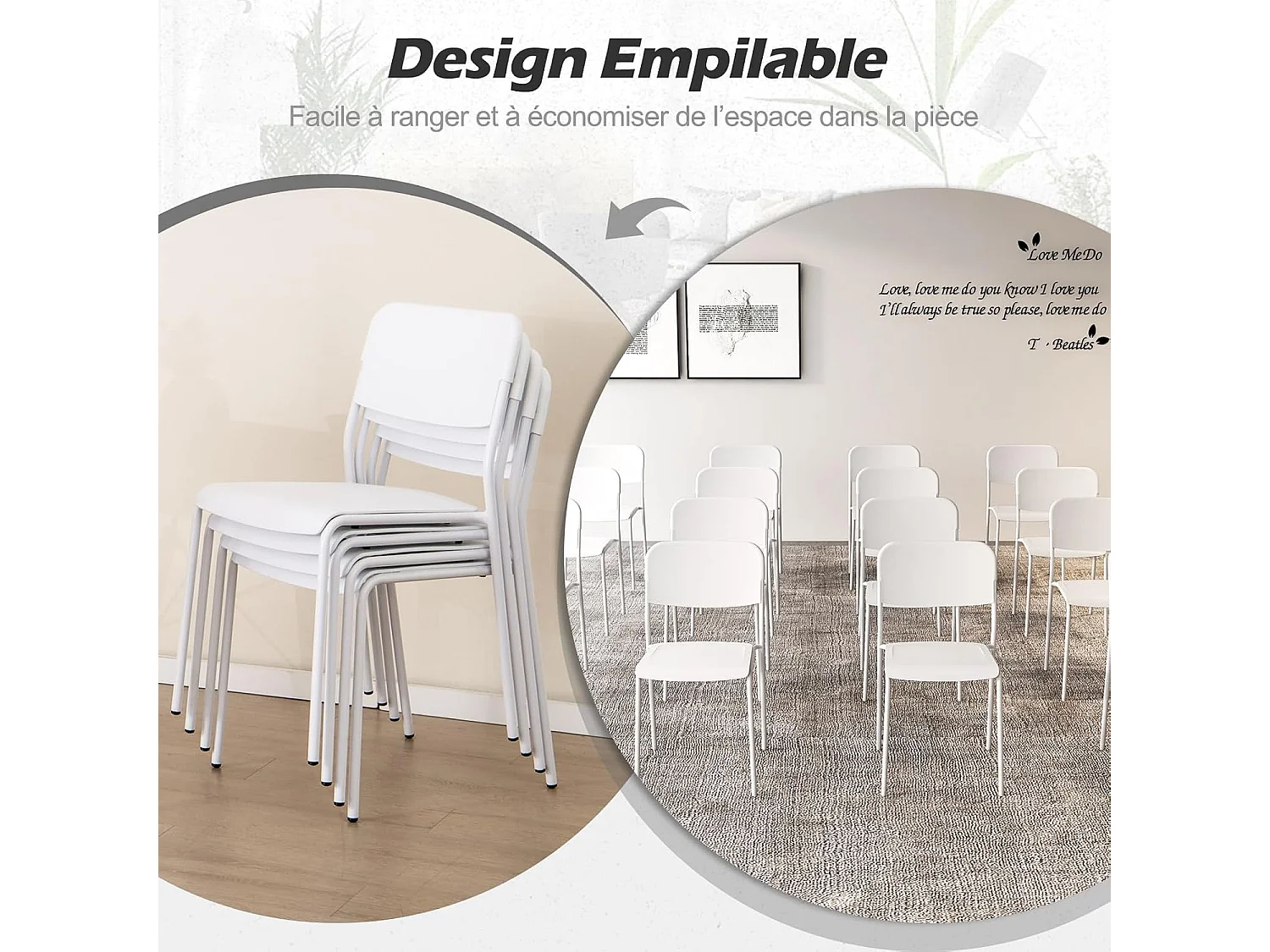 Chaise salle a manger lot de 4, chaise empilables, hauteur d'assise 46 cm (blanc)