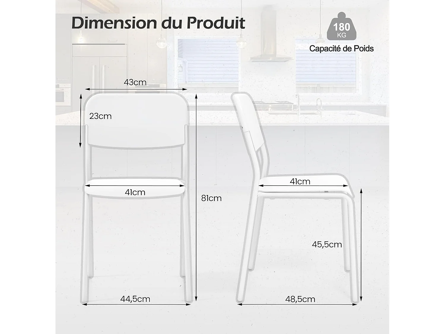 Chaise salle a manger lot de 4, chaise empilables, hauteur d'assise 46 cm (blanc)
