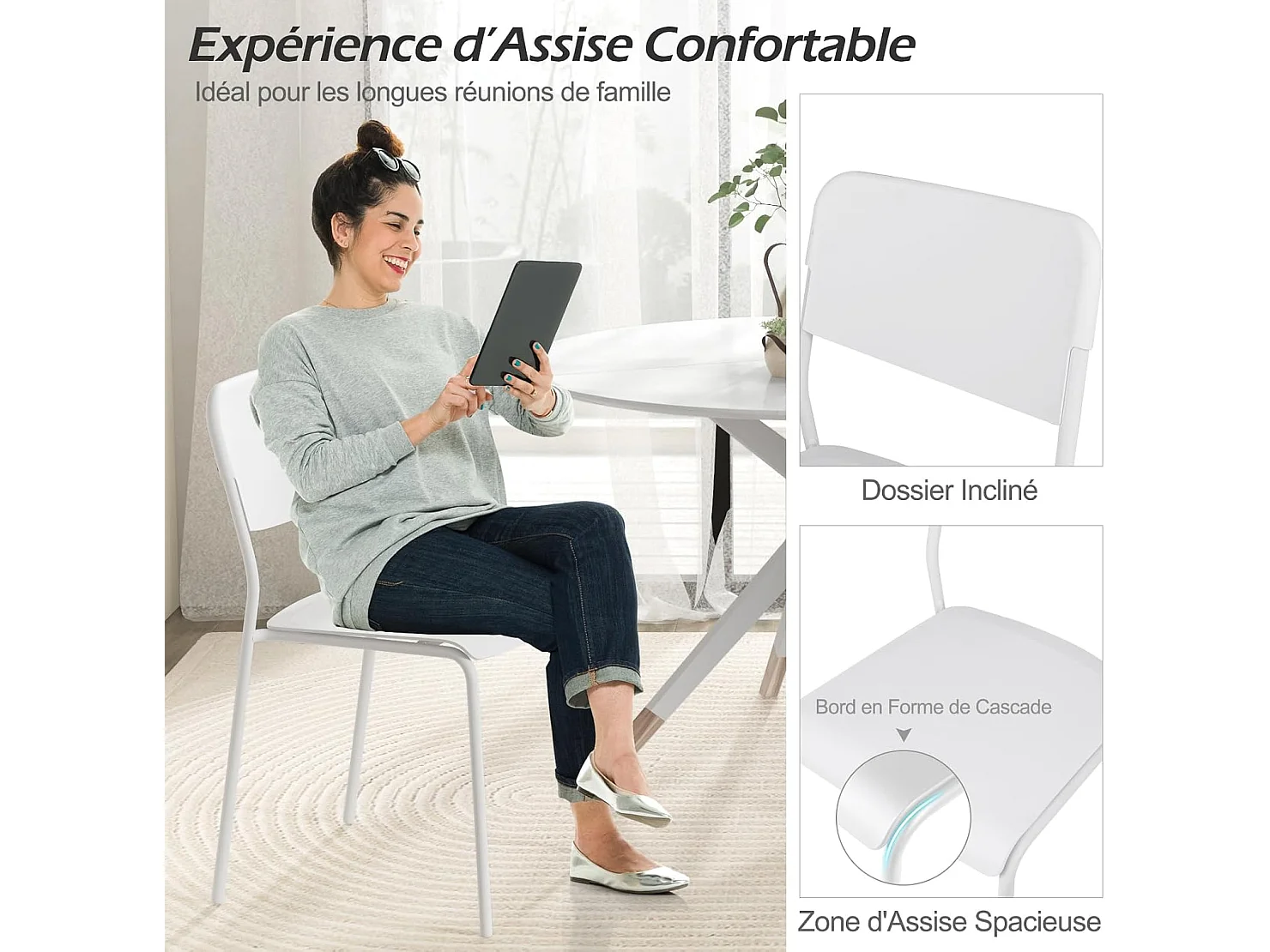 Chaise salle a manger lot de 4, chaise empilables, hauteur d'assise 46 cm (blanc)