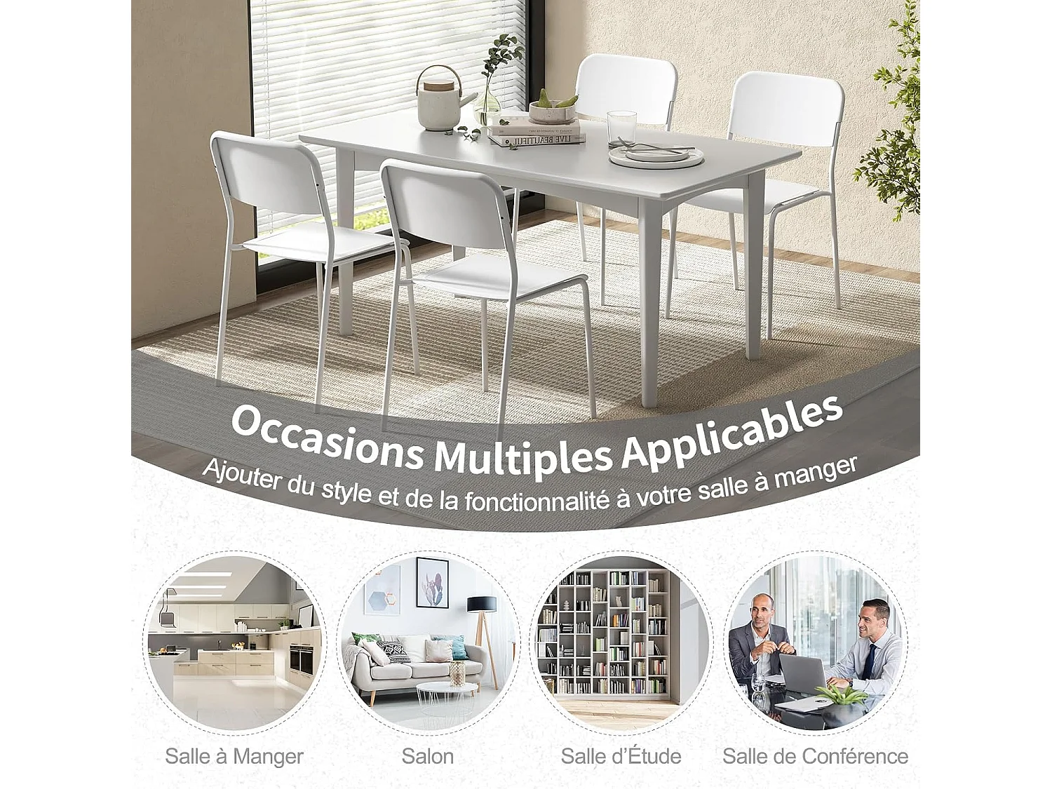 Chaise salle a manger lot de 4, chaise empilables, hauteur d'assise 46 cm (blanc)