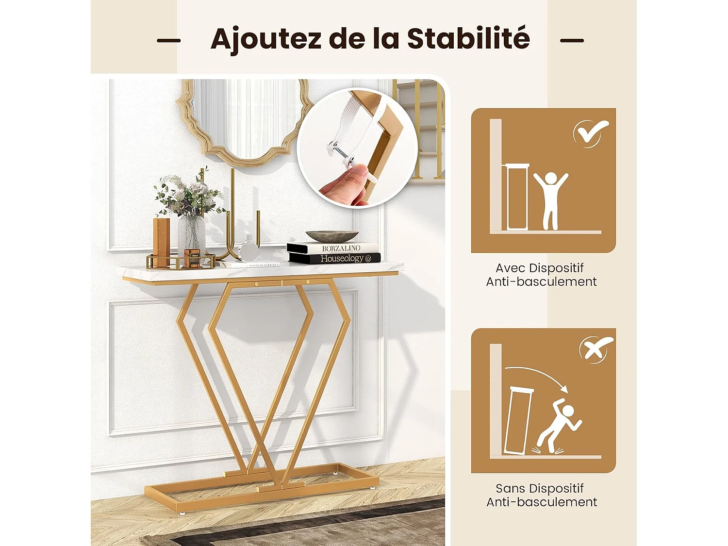 Console Entree Or, Console Meuble Marbre, Design Géométrique Moderne, Cadre en Métal Doré, Kit Anti-Basculement Inclus, pour Entrée, Couloir, Salon