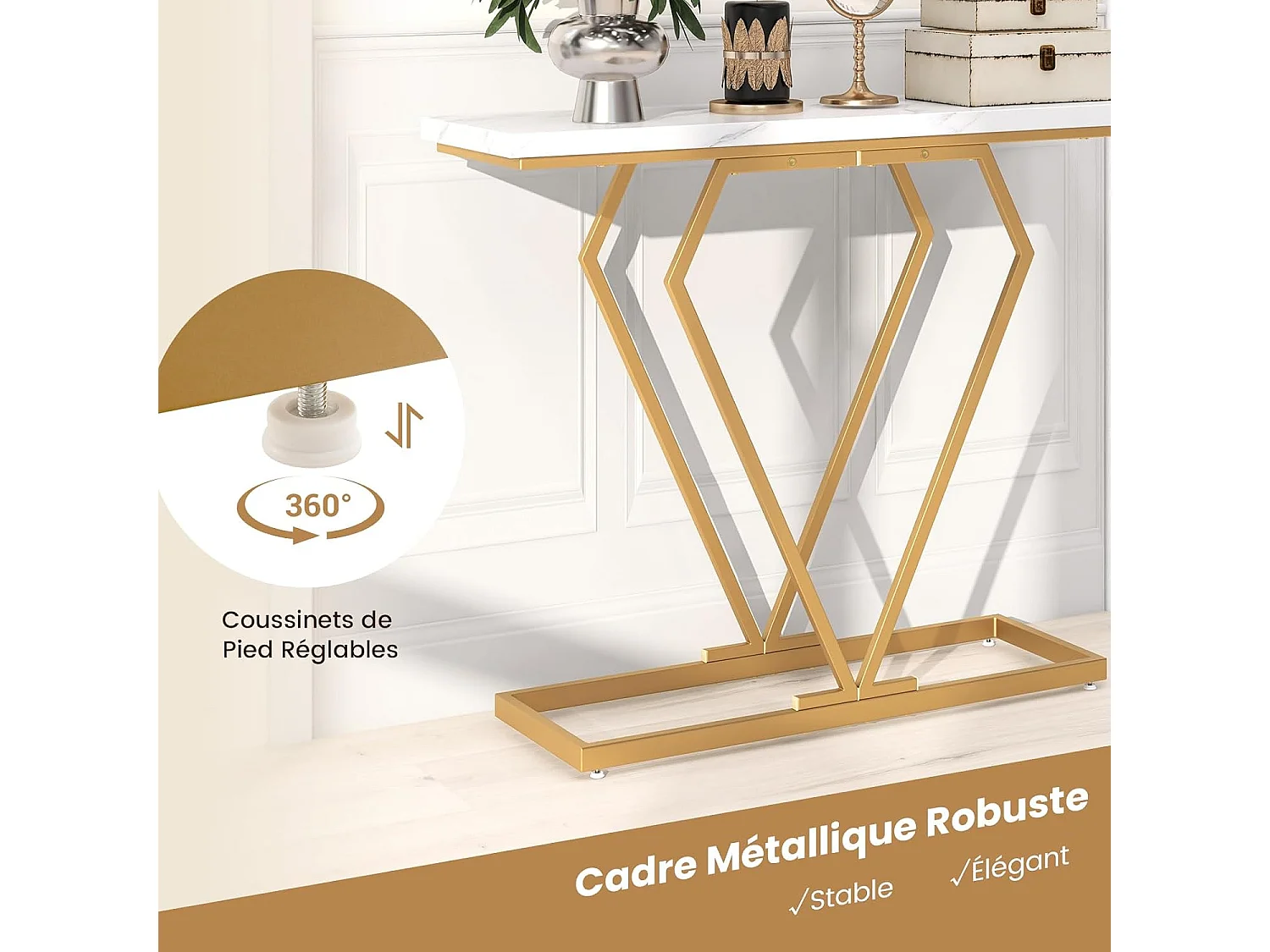 Console Entree Or, Console Meuble Marbre, Design Géométrique Moderne, Cadre en Métal Doré, Kit Anti-Basculement Inclus, pour Entrée, Couloir, Salon