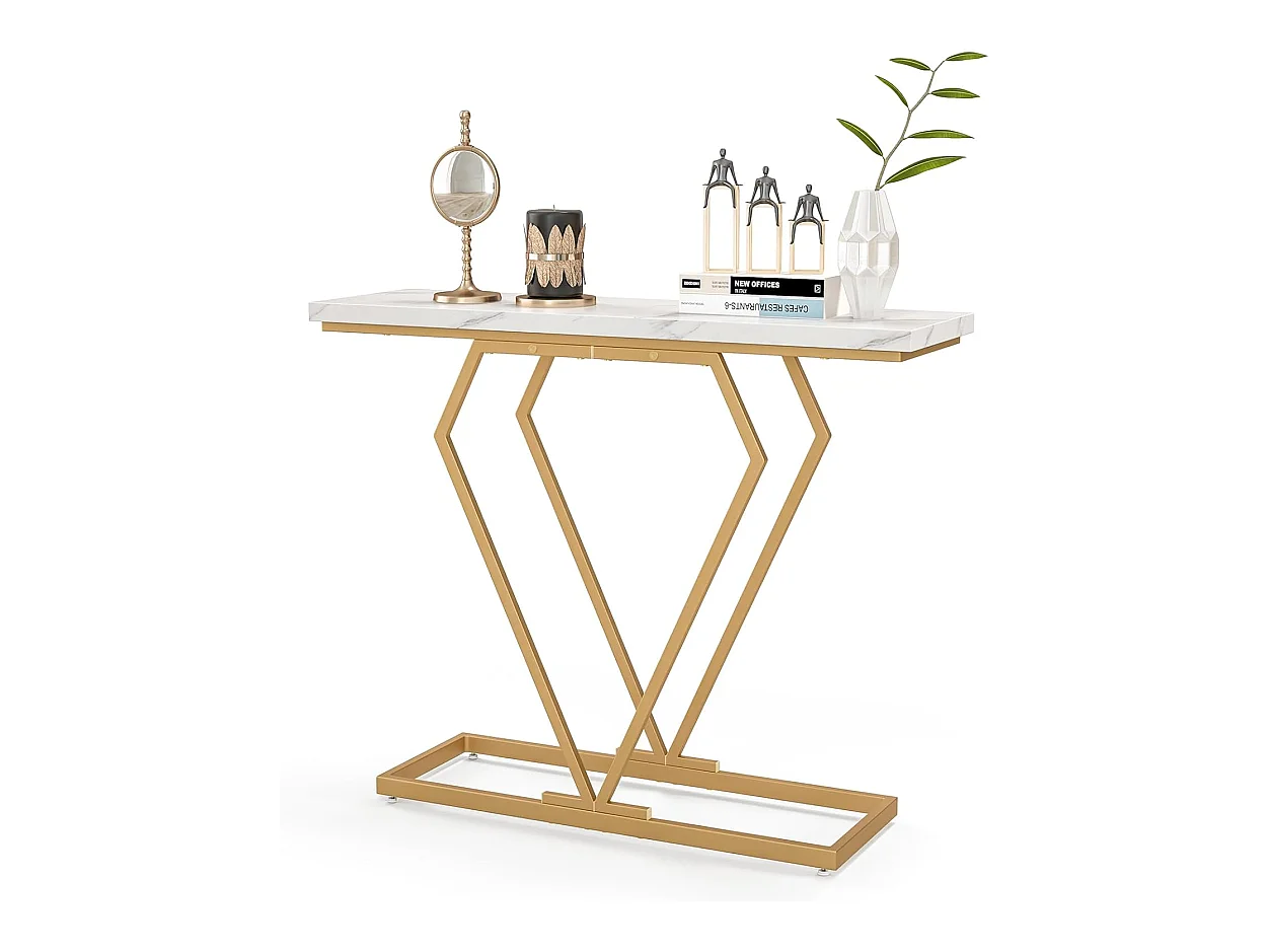Console Entree Or, Console Meuble Marbre, Design Géométrique Moderne, Cadre en Métal Doré, Kit Anti-Basculement Inclus, pour Entrée, Couloir, Salon
