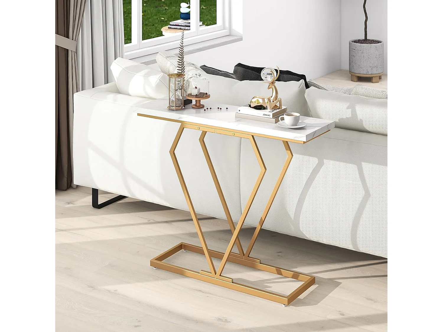 Console Entree Or, Console Meuble Marbre, Design Géométrique Moderne, Cadre en Métal Doré, Kit Anti-Basculement Inclus, pour Entrée, Couloir, Salon