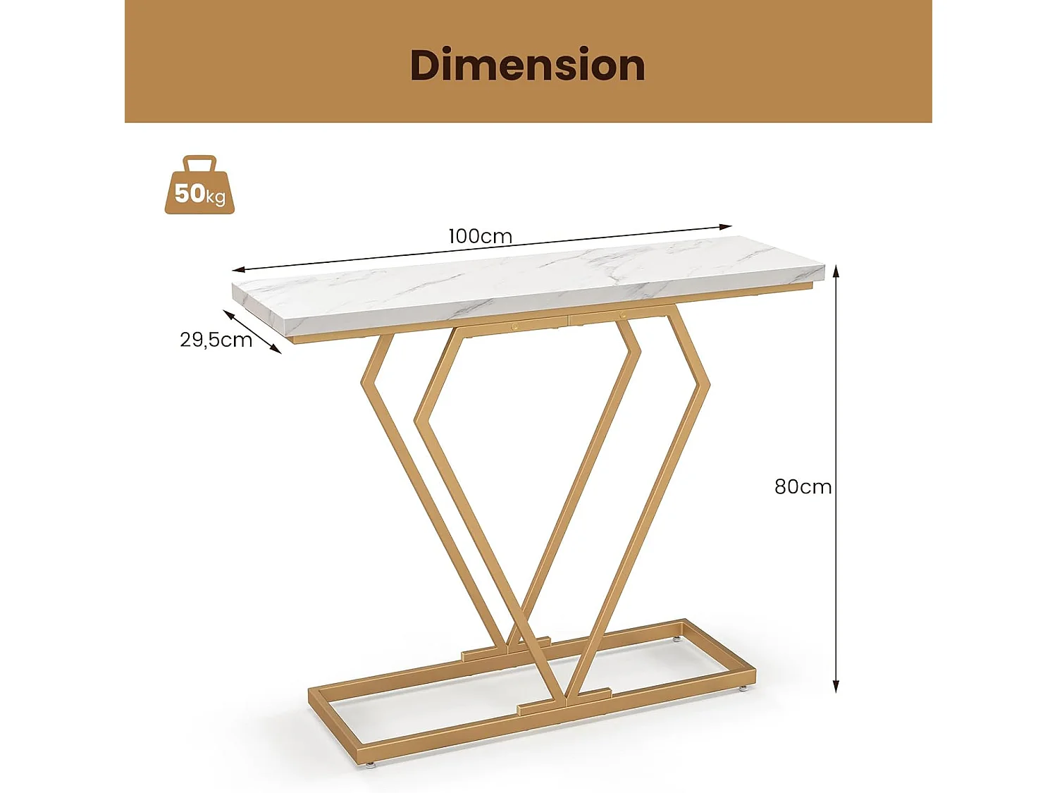 Console Entree Or, Console Meuble Marbre, Design Géométrique Moderne, Cadre en Métal Doré, Kit Anti-Basculement Inclus, pour Entrée, Couloir, Salon