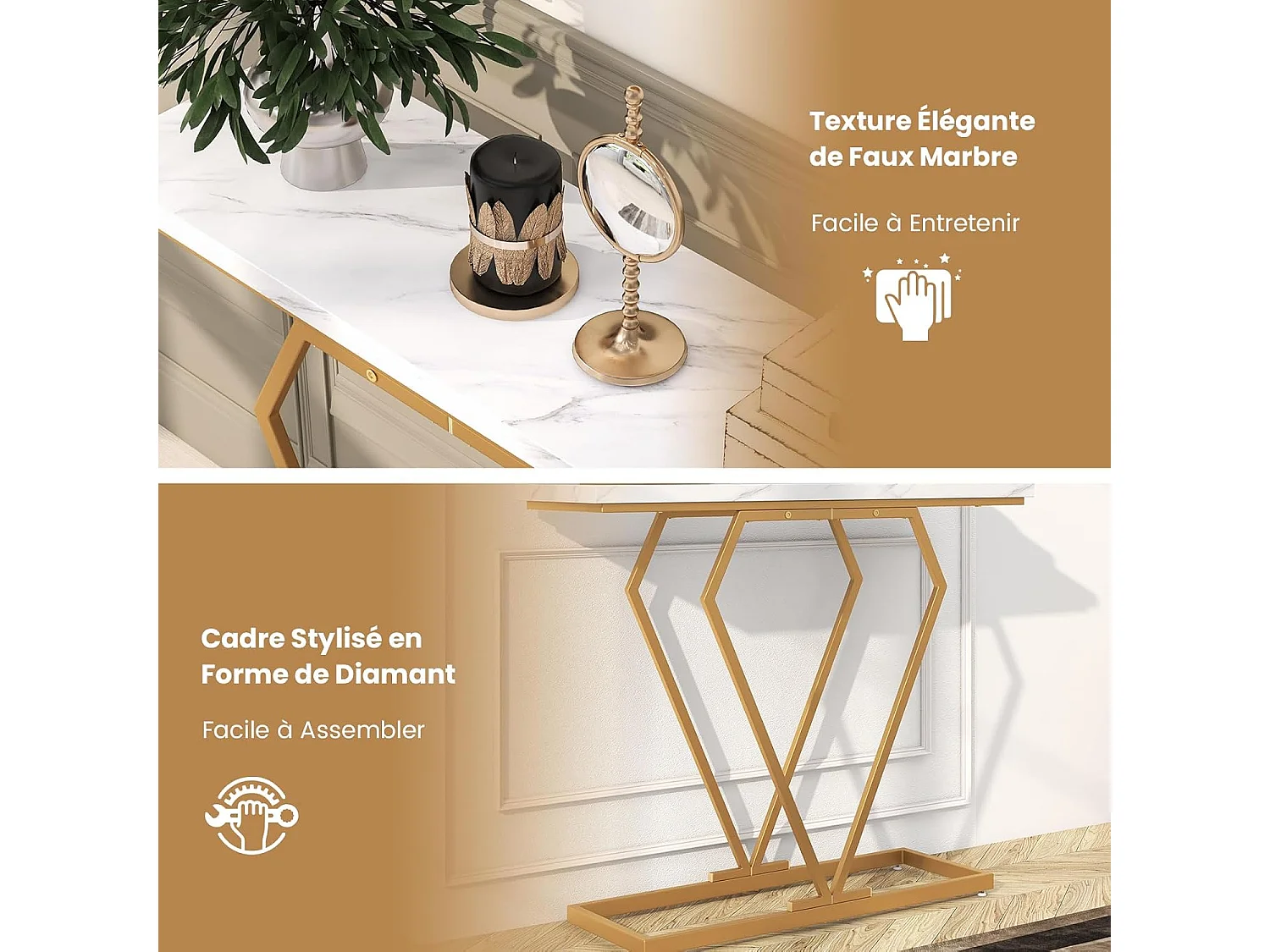 Console Entree Or, Console Meuble Marbre, Design Géométrique Moderne, Cadre en Métal Doré, Kit Anti-Basculement Inclus, pour Entrée, Couloir, Salon