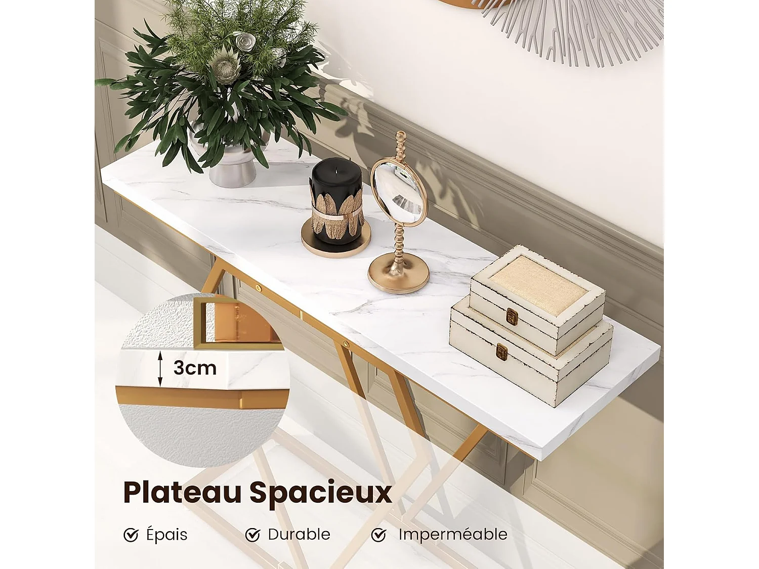Console Entree Or, Console Meuble Marbre, Design Géométrique Moderne, Cadre en Métal Doré, Kit Anti-Basculement Inclus, pour Entrée, Couloir, Salon
