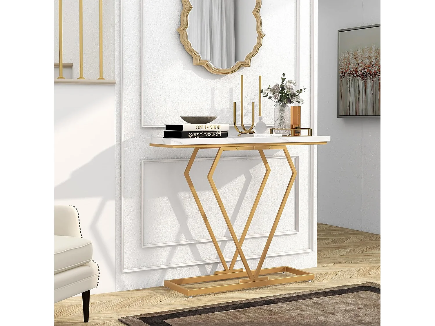 Console Entree Or, Console Meuble Marbre, Design Géométrique Moderne, Cadre en Métal Doré, Kit Anti-Basculement Inclus, pour Entrée, Couloir, Salon