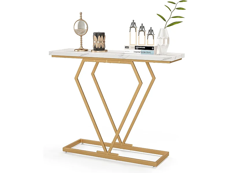 Console Entree Or, Console Meuble Marbre, Design Géométrique Moderne, Cadre en Métal Doré, Kit Anti-Basculement Inclus, pour Entrée, Couloir, Salon