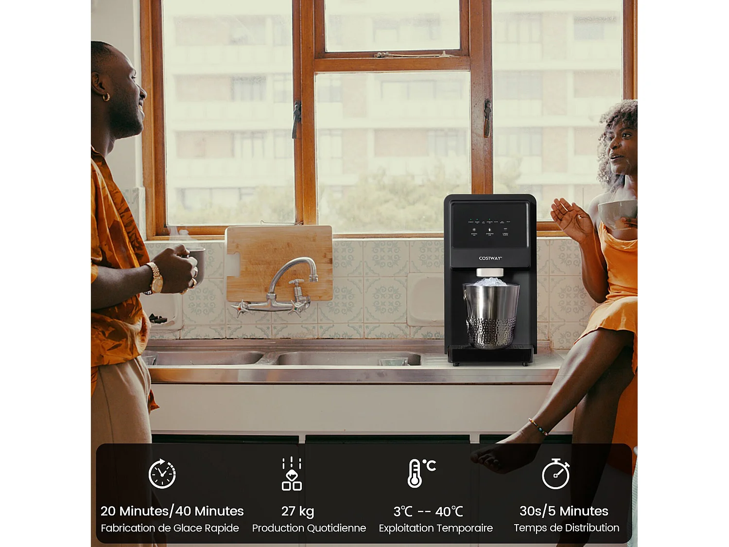 Machine à Glaçons 27kg/24h Machine à Pépites à Affichage LED de Comptoir avec Capteur Infrarouge et Autonettoyant Stockage de glace : 4 kg