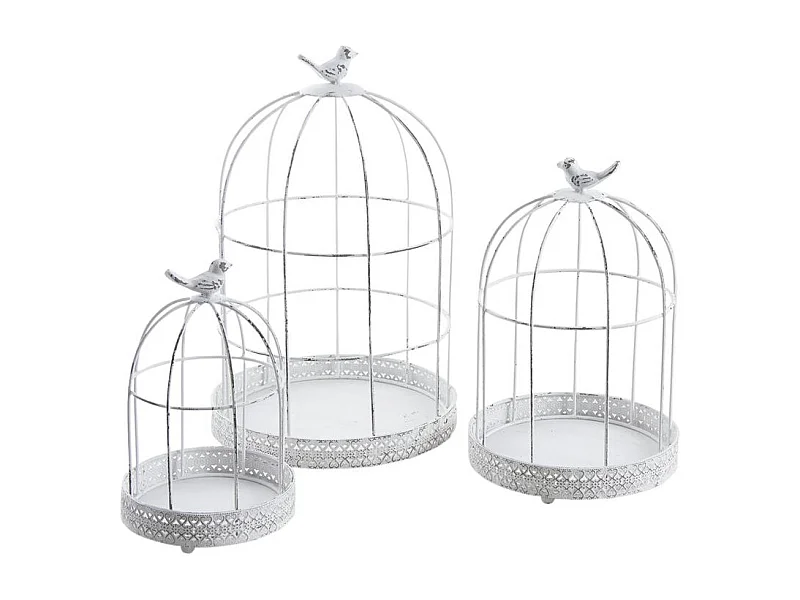 Set de 3 cages décoratives en métal antique blanc