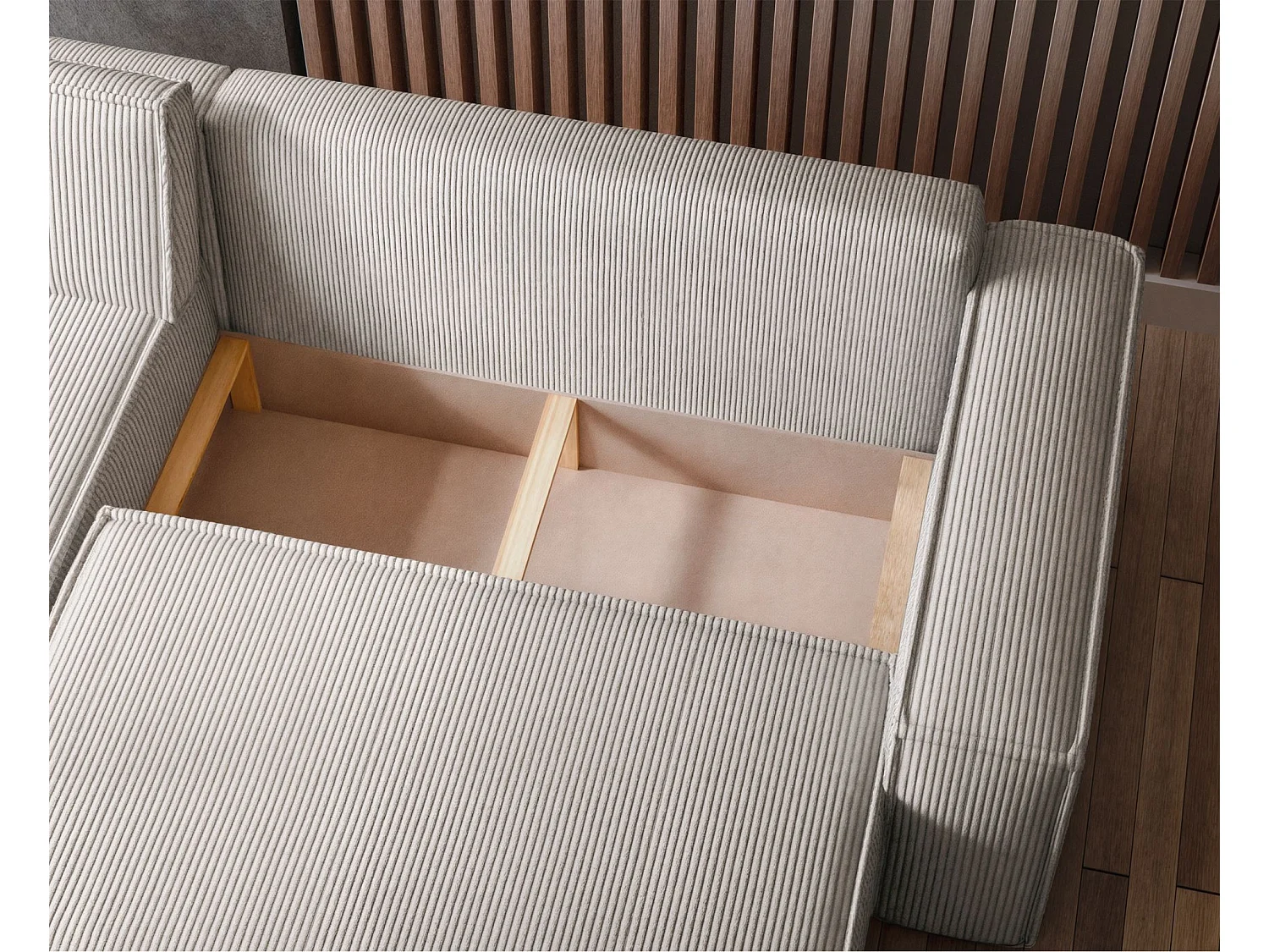 Canapé d'angle L réversible - en velours côtelé beige clair - SCARLO