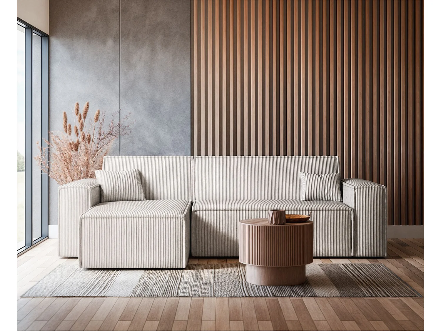 Ecksofa mit Schlaffunktion - Cordbezug in Hellbeige - SCARLO L