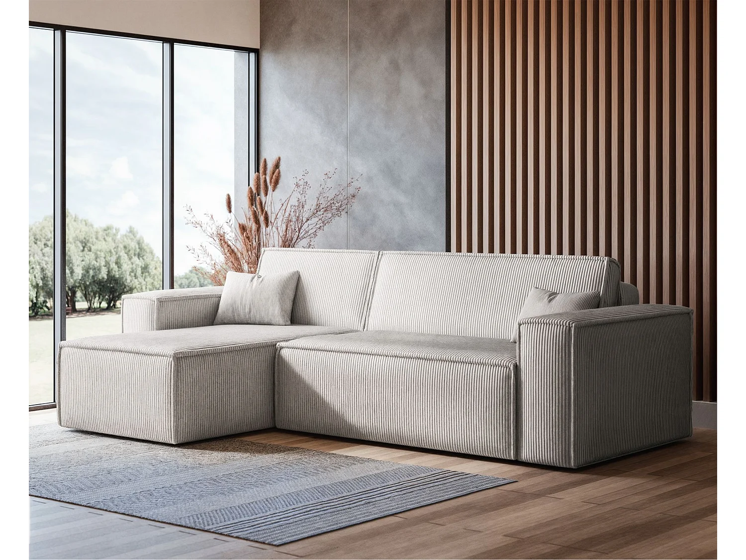 Ecksofa mit Schlaffunktion - Cordbezug in Hellbeige - SCARLO L