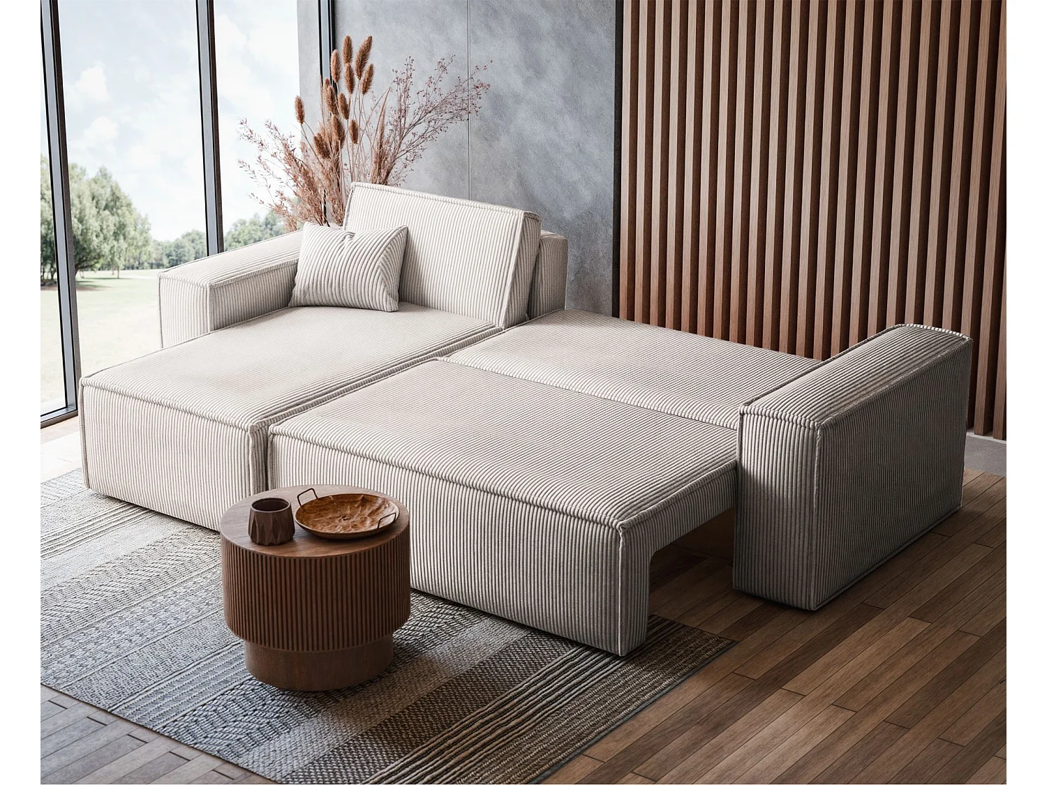 Ecksofa mit Schlaffunktion - Cordbezug in Hellbeige - SCARLO L