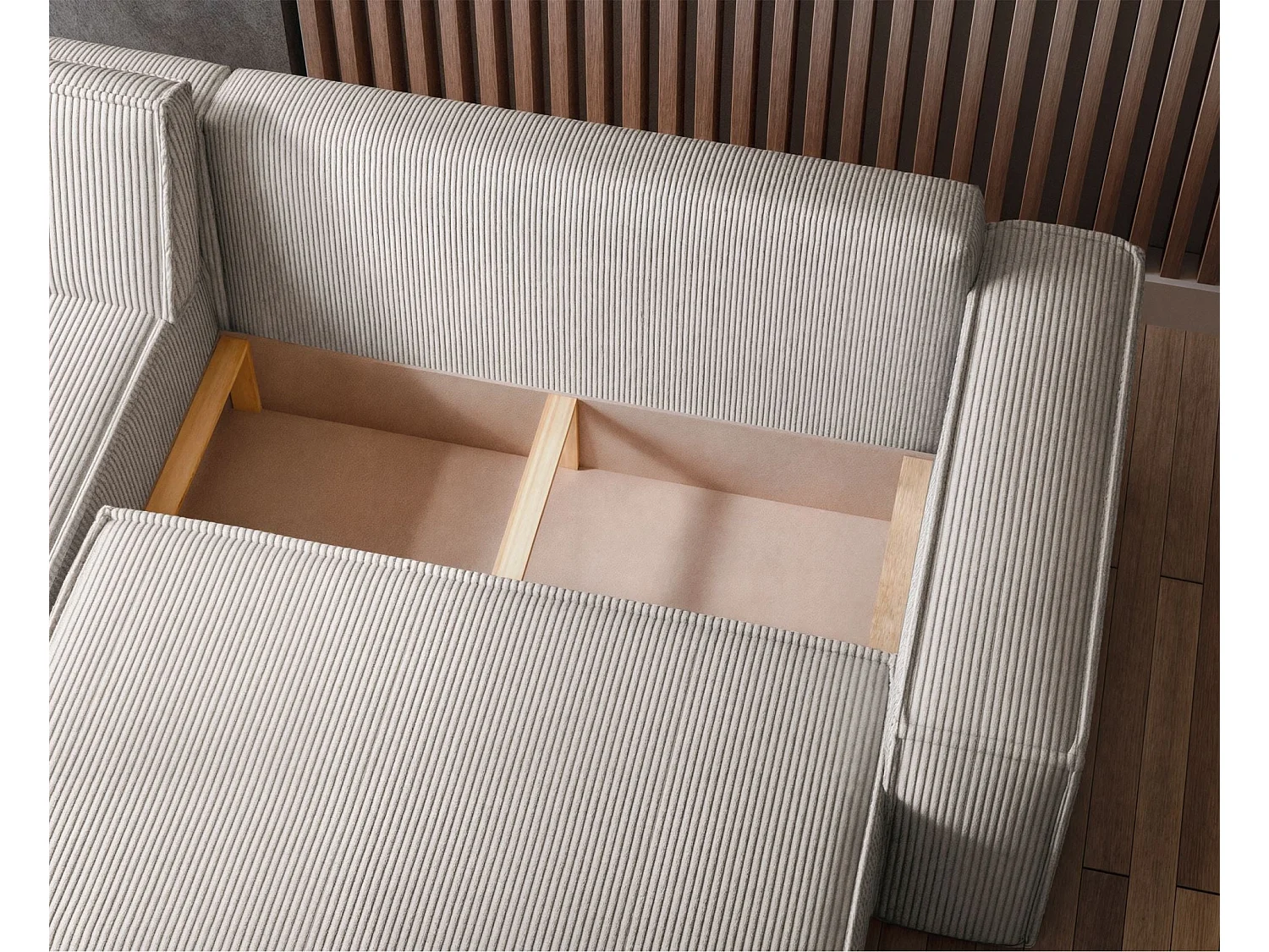 Canapé d'angle L réversible - en velours côtelé beige clair - SCARLO