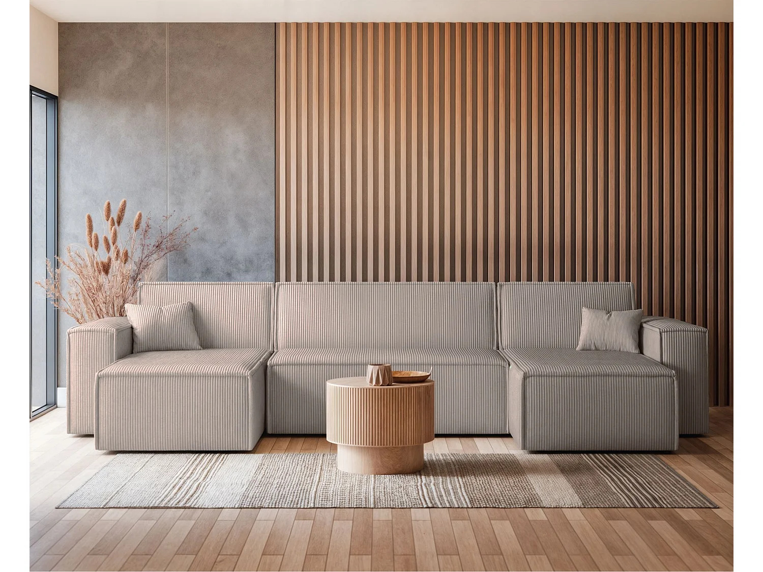 U-Form-Sofa mit Schlaffunktion - Cordbezug in Beige - SCARLO U