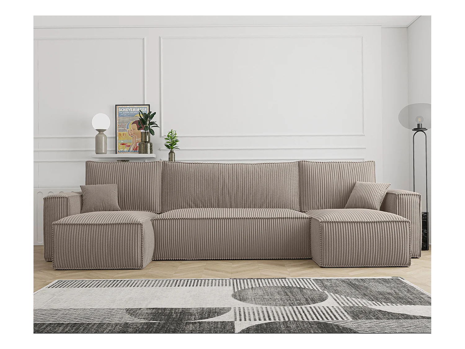 Canapé d'angle U convertible - en velours côtelé beige - SCARLO