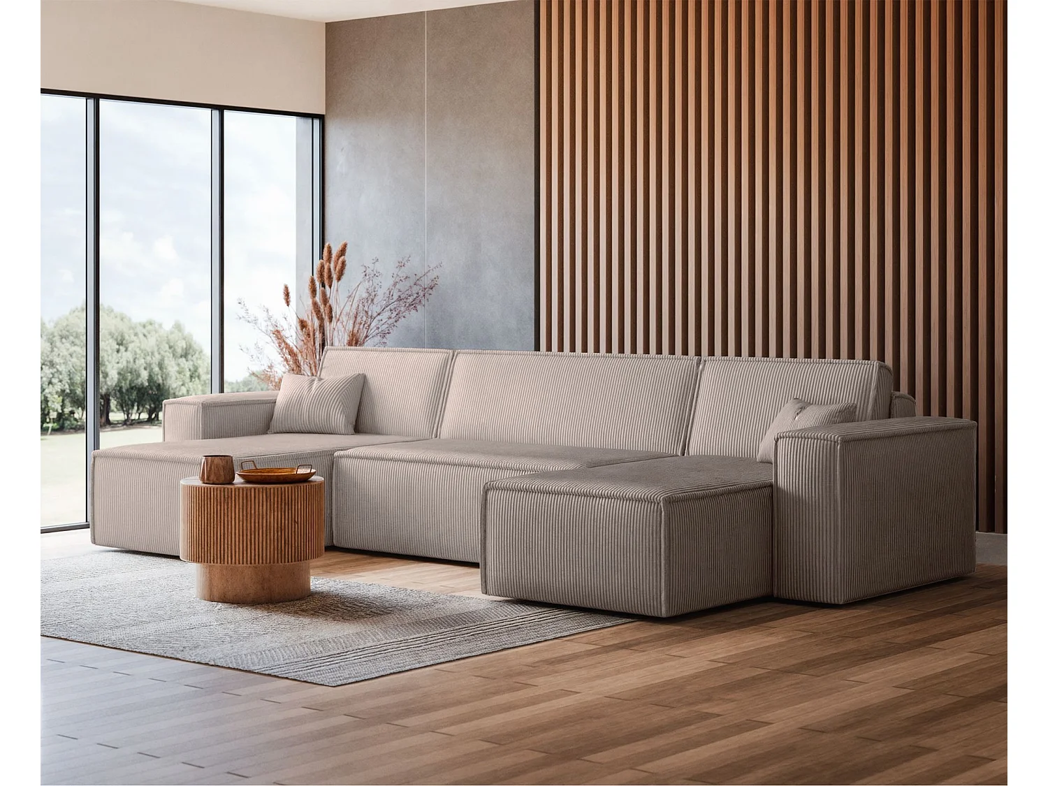 Canapé d'angle U convertible - en velours côtelé beige - SCARLO