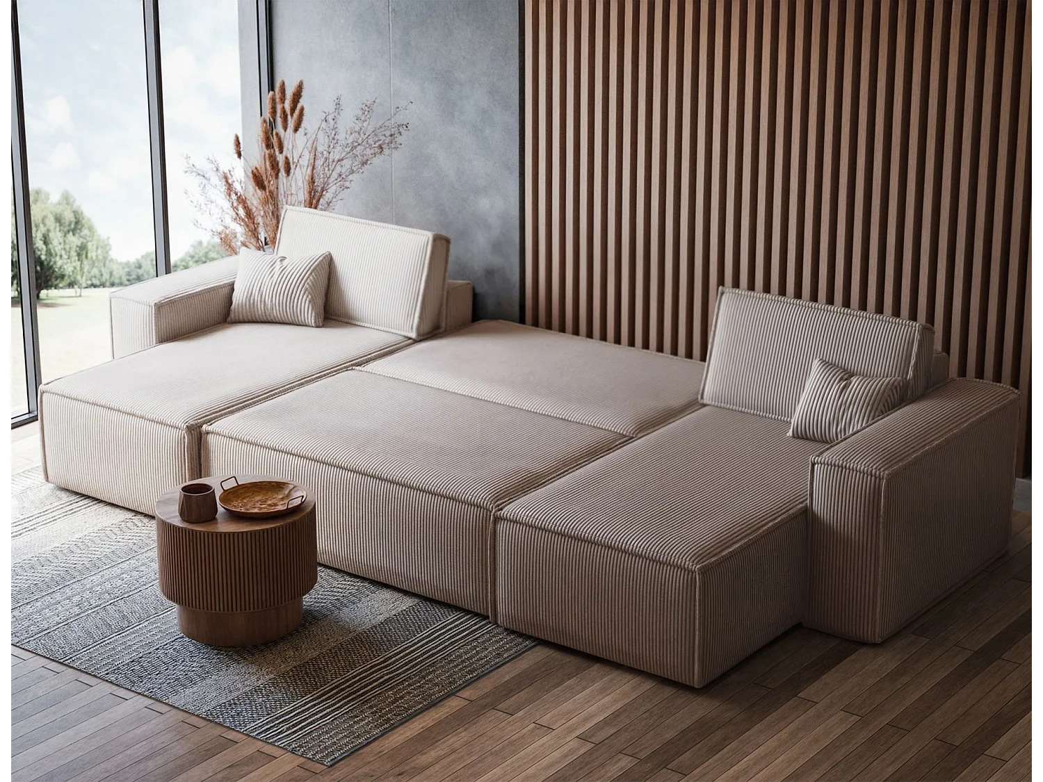 Canapé d'angle U convertible - en velours côtelé beige - SCARLO