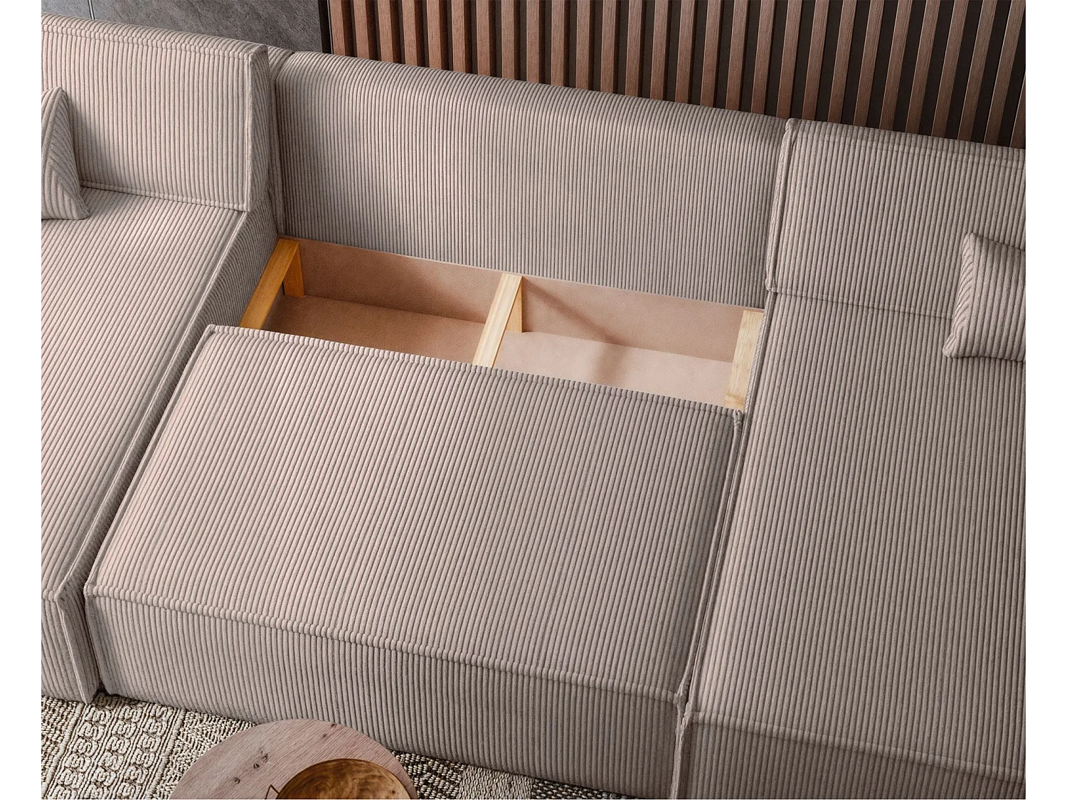 Canapé d'angle U convertible - en velours côtelé beige - SCARLO