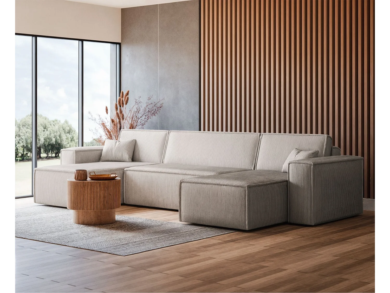 Canapé d'angle U convertible - en velours côtelé beige clair - SCARLO