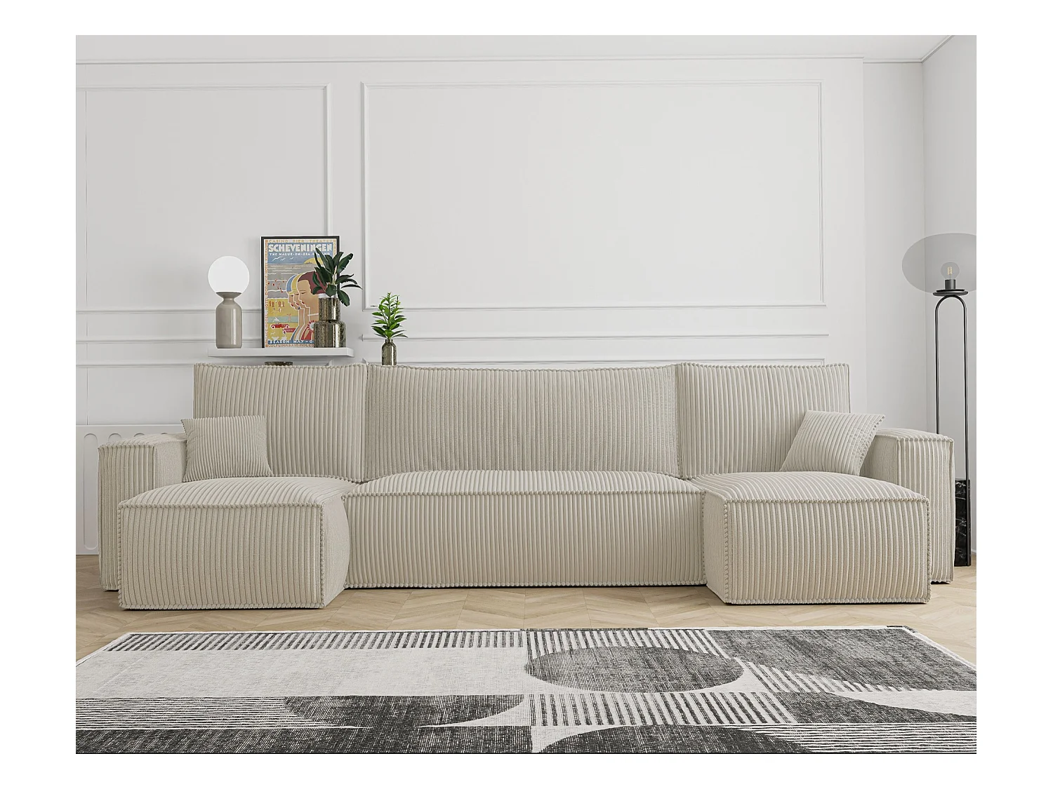 Canapé d'angle U convertible - en velours côtelé beige clair - SCARLO