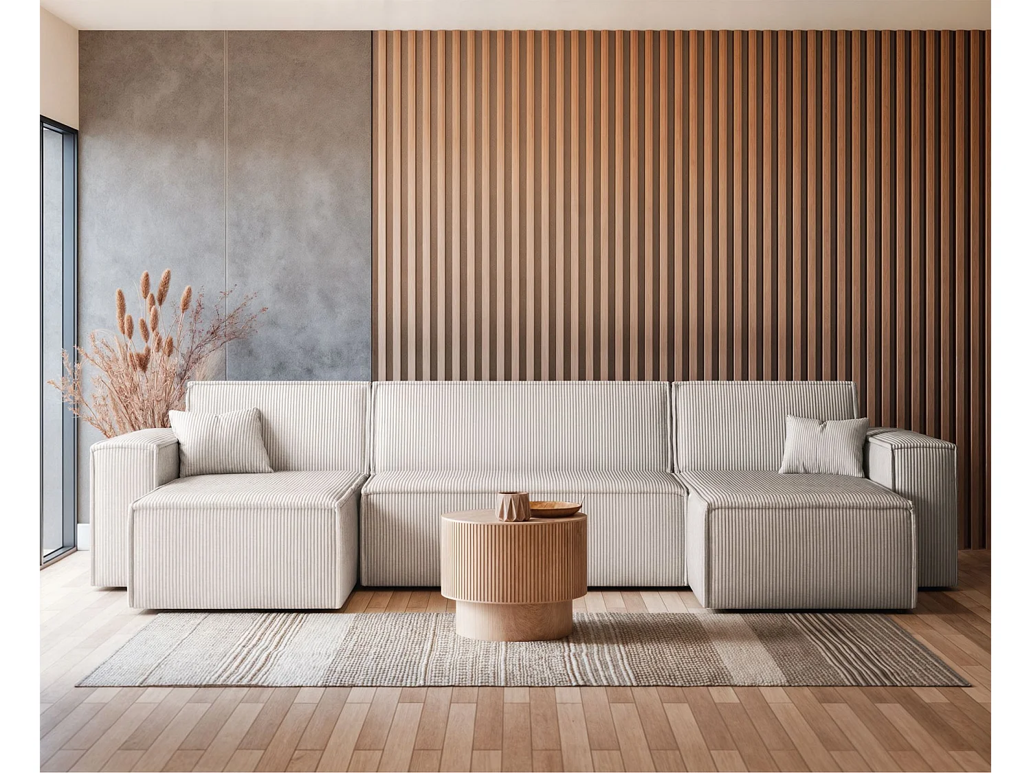 U-Form-Sofa mit Schlaffunktion - Cordbezug in Hellbeige - SCARLO U