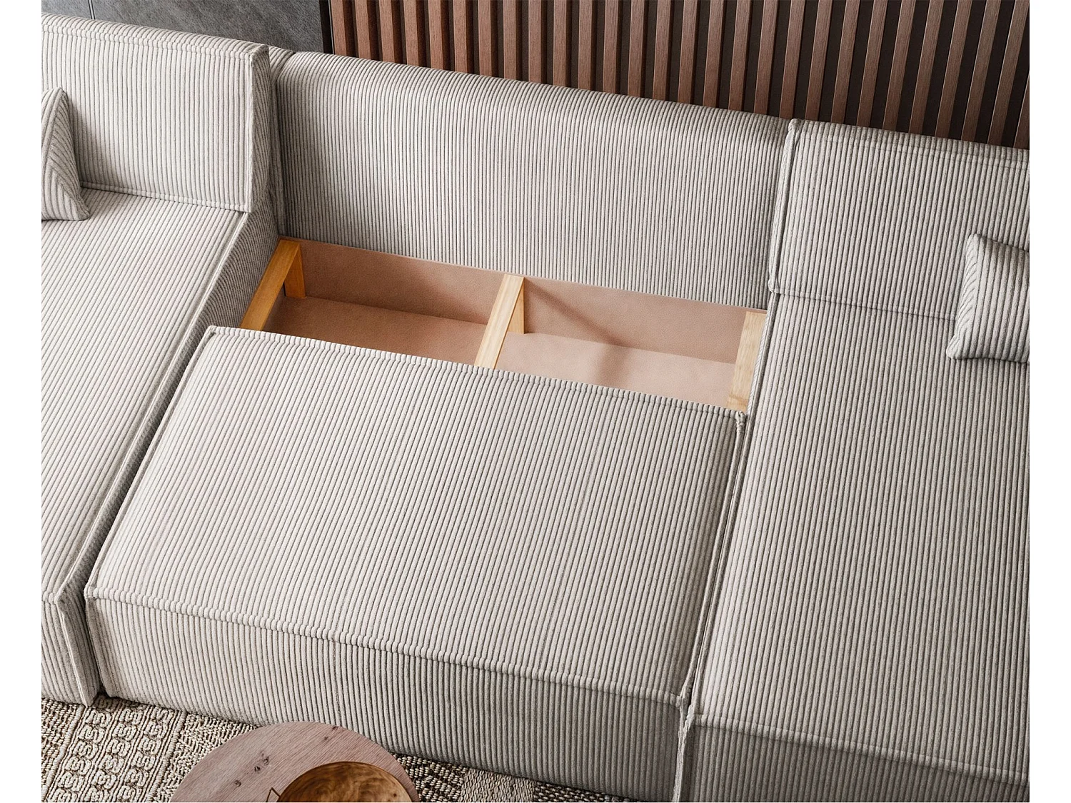 U-Form-Sofa mit Schlaffunktion - Cordbezug in Hellbeige - SCARLO U